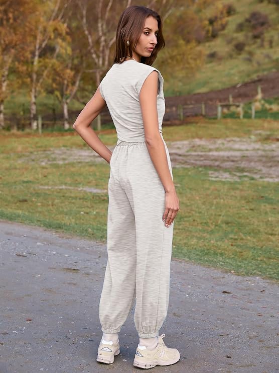 Glamaker Women's Two Piece Athletic Sets Casual Workout Sleeveless Cropped Tops High Sweatpants Joggers Tracksuits