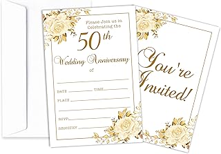 50th Anniversary Invitations Cards, Golden Rose Theme Wedding Invitations, Happy 50th Anniversary Party Supplies Favor Decorations, 25 Fill In Invitation Cards With Envelopes -A12