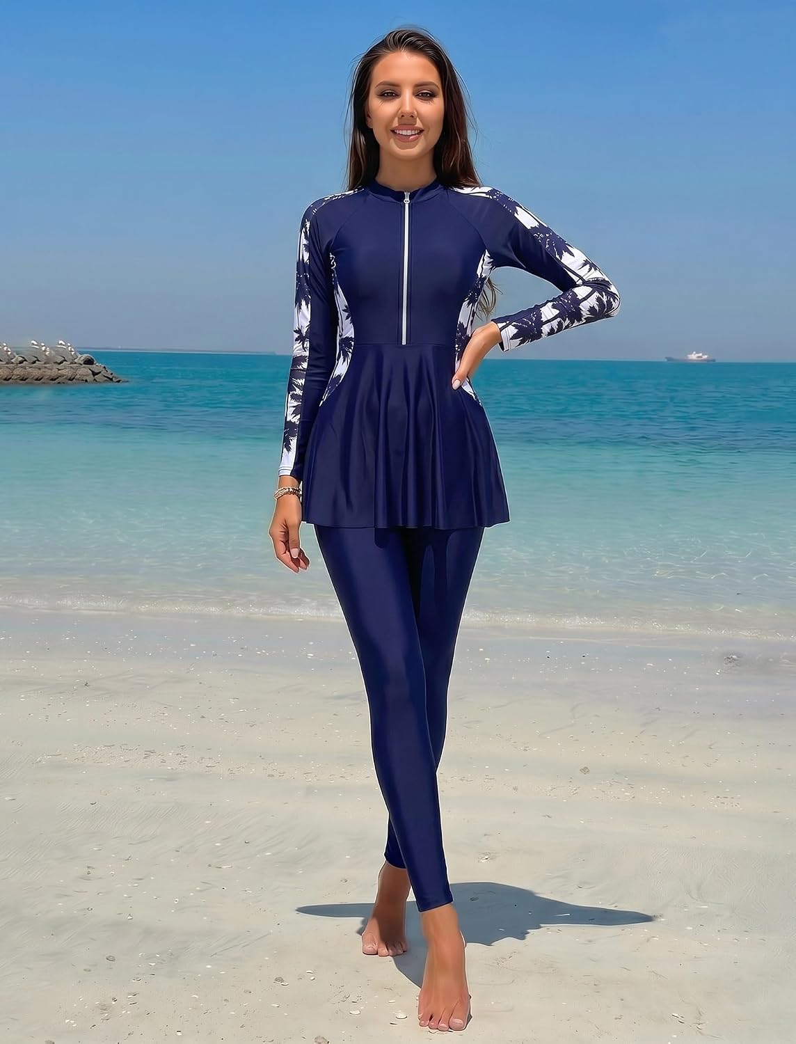 IBAKOM Women 2 Pieces Long Sleeve Modest Burkini Swimsuit Zip Up Tropical Muslim Bathing Suit Surfing Rash Guard Swimwear