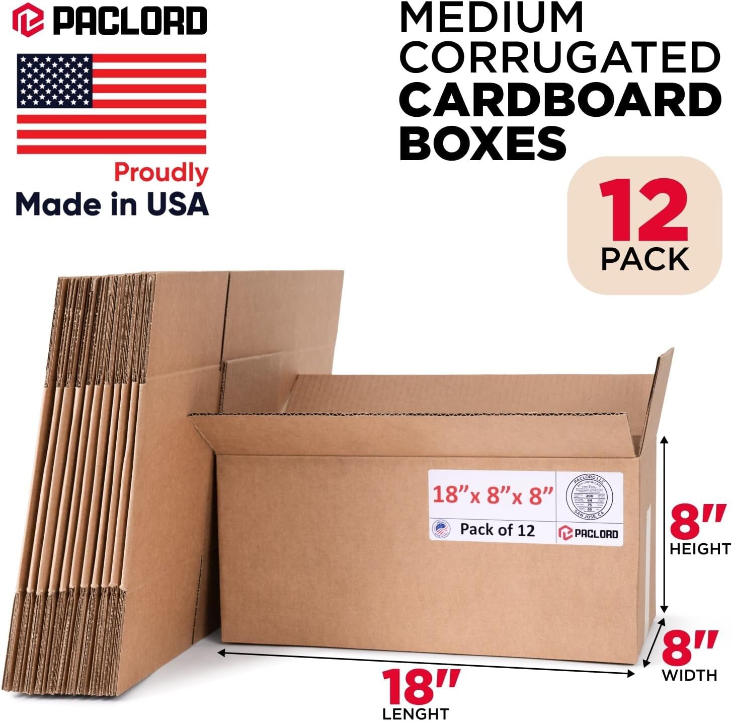 Medium Cardboard Boxes 18"L x 8"W x 8"H (Pack of 12) - USA-Made Packing Boxes for Moving, Shipping, or Storage - USPS, UPS, FedEx Approved - Professional Packing Supplies for Moving