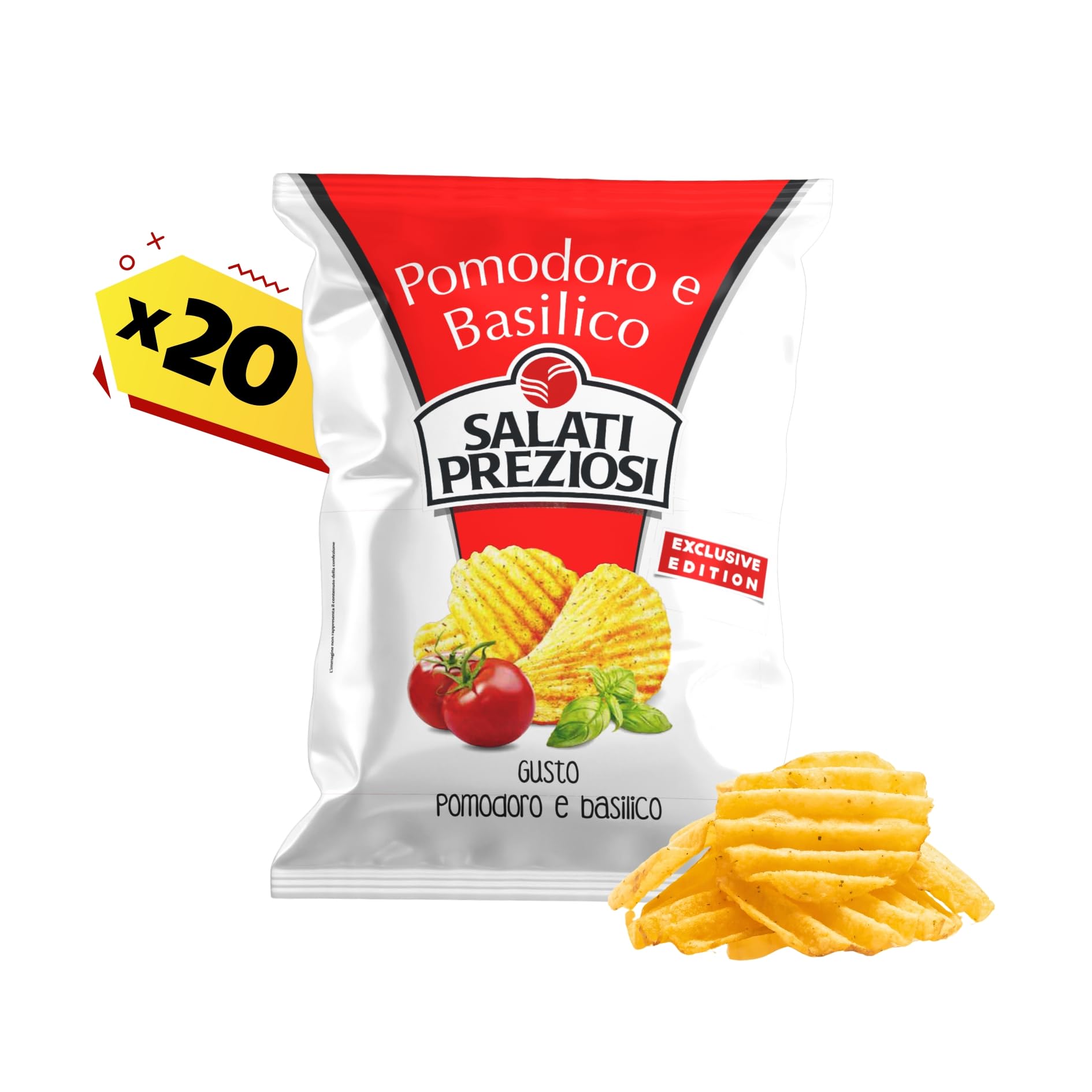 Salati Preziosi | Patatine Pomodoro e Basilico, con sale iodato, snack senza glutine, preparate con olio di semi di girasole, 20 pezzi x 110g