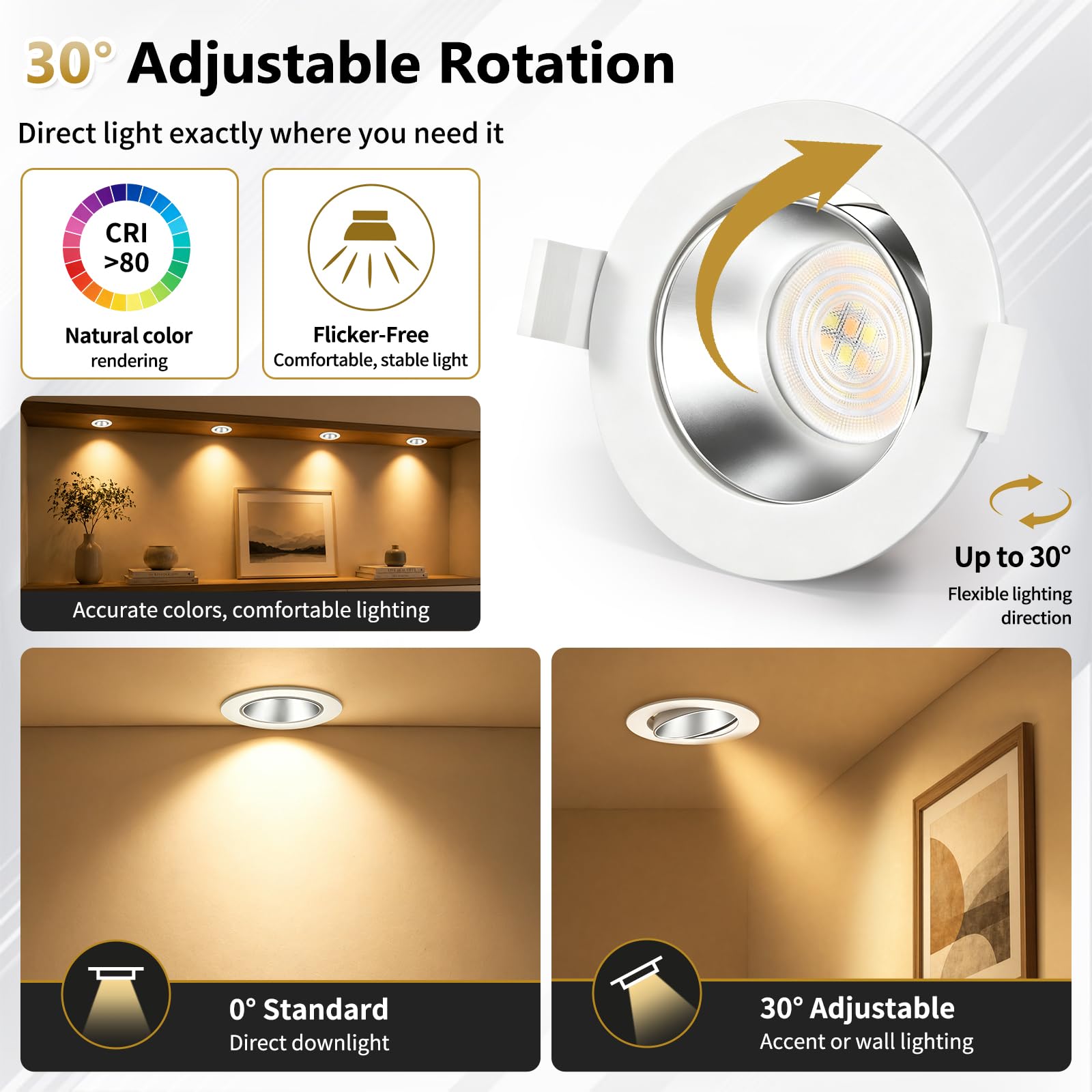 YindaLux 6x LED Einbaustrahler 230V Dimmbar, 5W 550LM 3000K/4000K/6500K, Schwenkbare Deckenspots IP44 Einbauspots, Tiefe Reflektorschale, Abnehmbares LED Modul, 38°/120°, Ø75-80mm Loch, Weiß Silber
