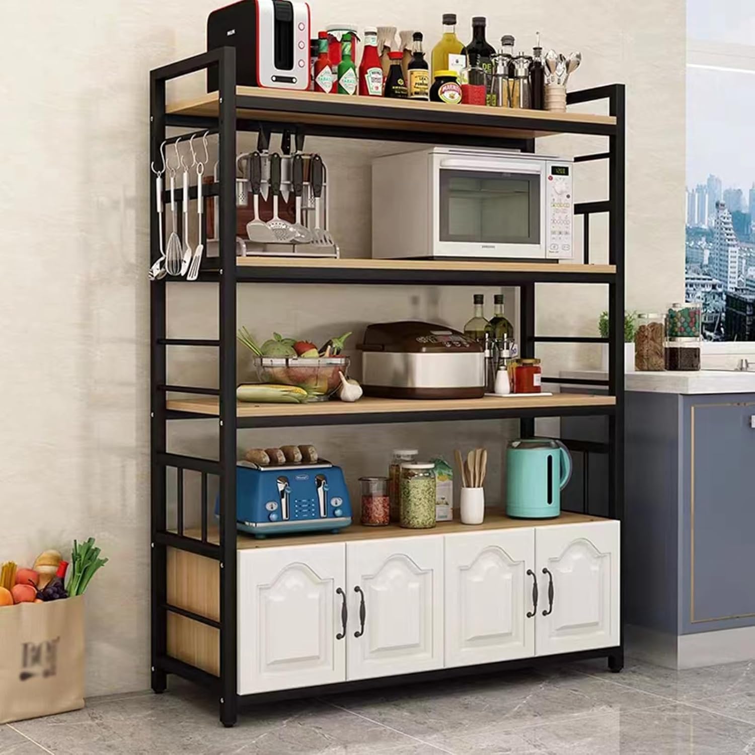 Microwave Stand Kitchen Baker's Rack, Adjustable Metal Storage Cabinet with Shelves & Doors, Buffet Organizer for Dining & Living Room, Microwave Oven Rack, Kitchen Storage Solution