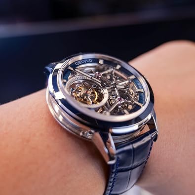 OBLVLO Luxury Men Mechanical Watch Genuine Leather Steel Skeleton Dial Tourbillon Manual-Wind Watches VM-TB