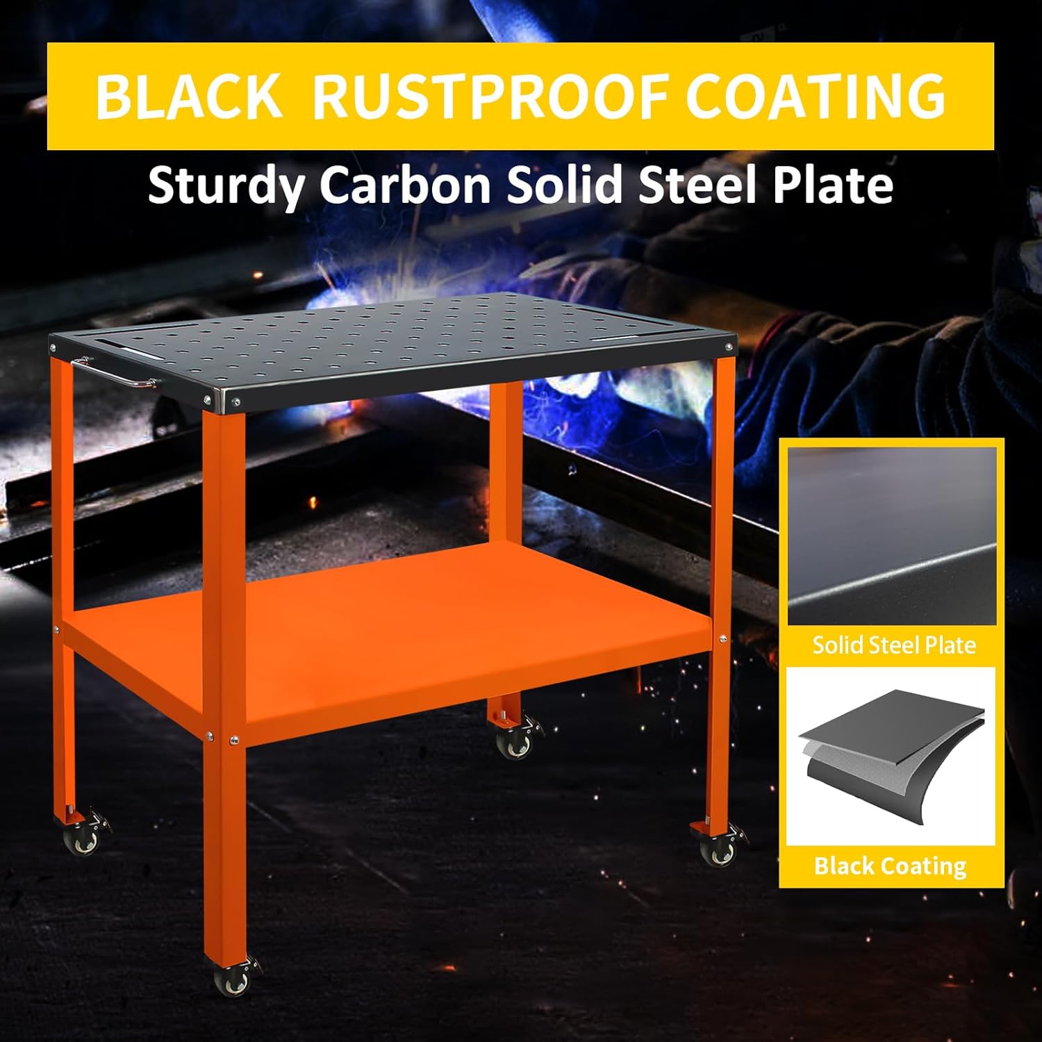 Welding Table Welding Cart 1200lbs Load Capacity 36”×18”, Industrial Workbench with 5/8" Holes Fixture Table with Wheels (Orange)