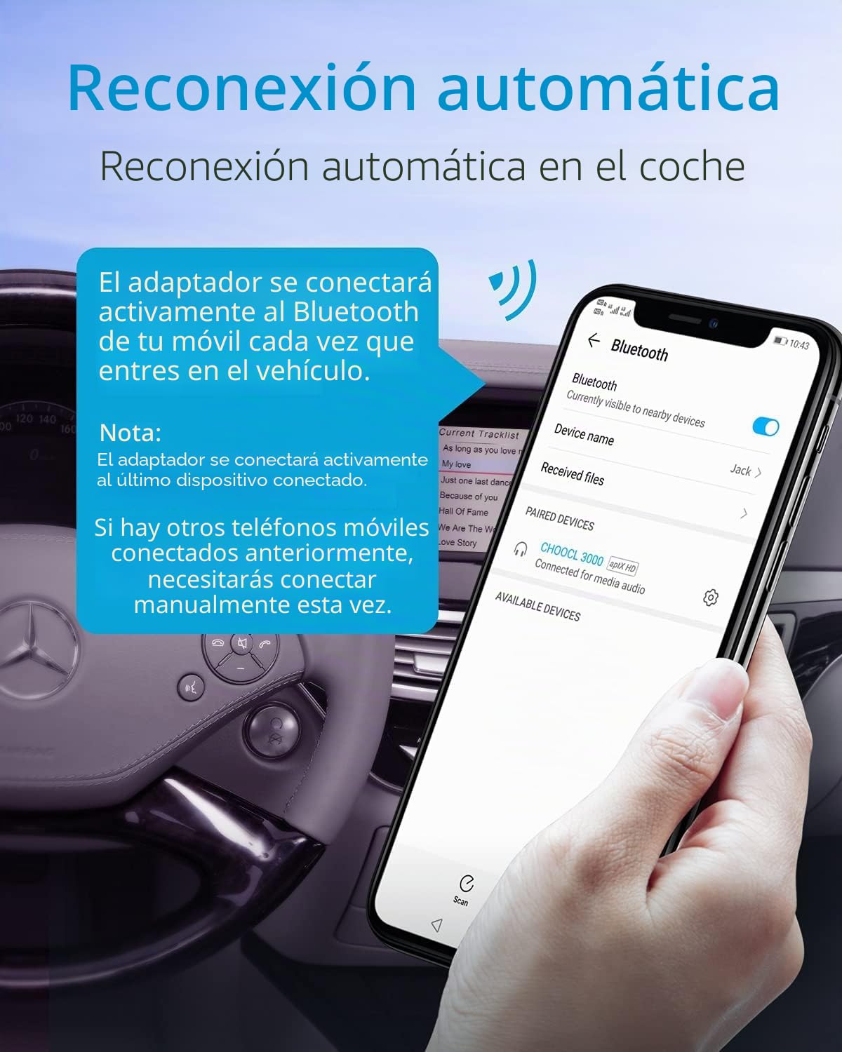 Adaptador de Audio Bluetooth para Coche para Mercedes-Benz 2008-2012 con Puerto AMI, transmisor Bluetooth con Sonido aptX-HD y Cable AMI