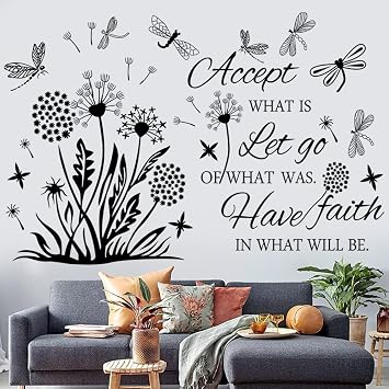 Inspirational Wall Stickers Quotes Wall Art Accept Let Go Have Faith Dandelion Decals Flower Stickers Murals Decor for Bedroom Office Bathroom Living Room Floral Wall Decals Art Decoration.