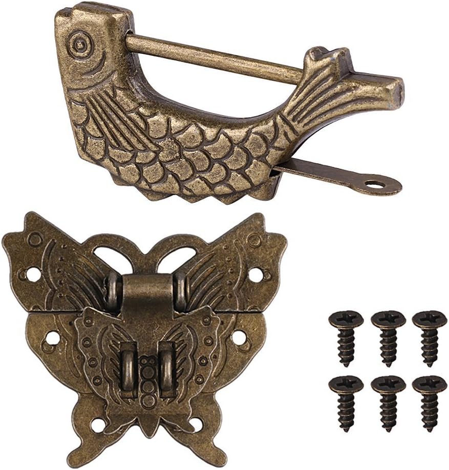 Chinese Carved Fish Vintage Lock with Key & Butterfly Latch Hasp & Screws for Cabinet Jewelry Box Gift Box