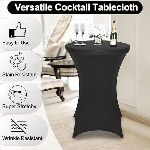 Miniatura 2 de FestiCorp Paquete de 6 manteles de elastano negro para mesa de cóctel, manteles redondos elásticos para fiestas, DJ, bares, bodas, cumpleaños,