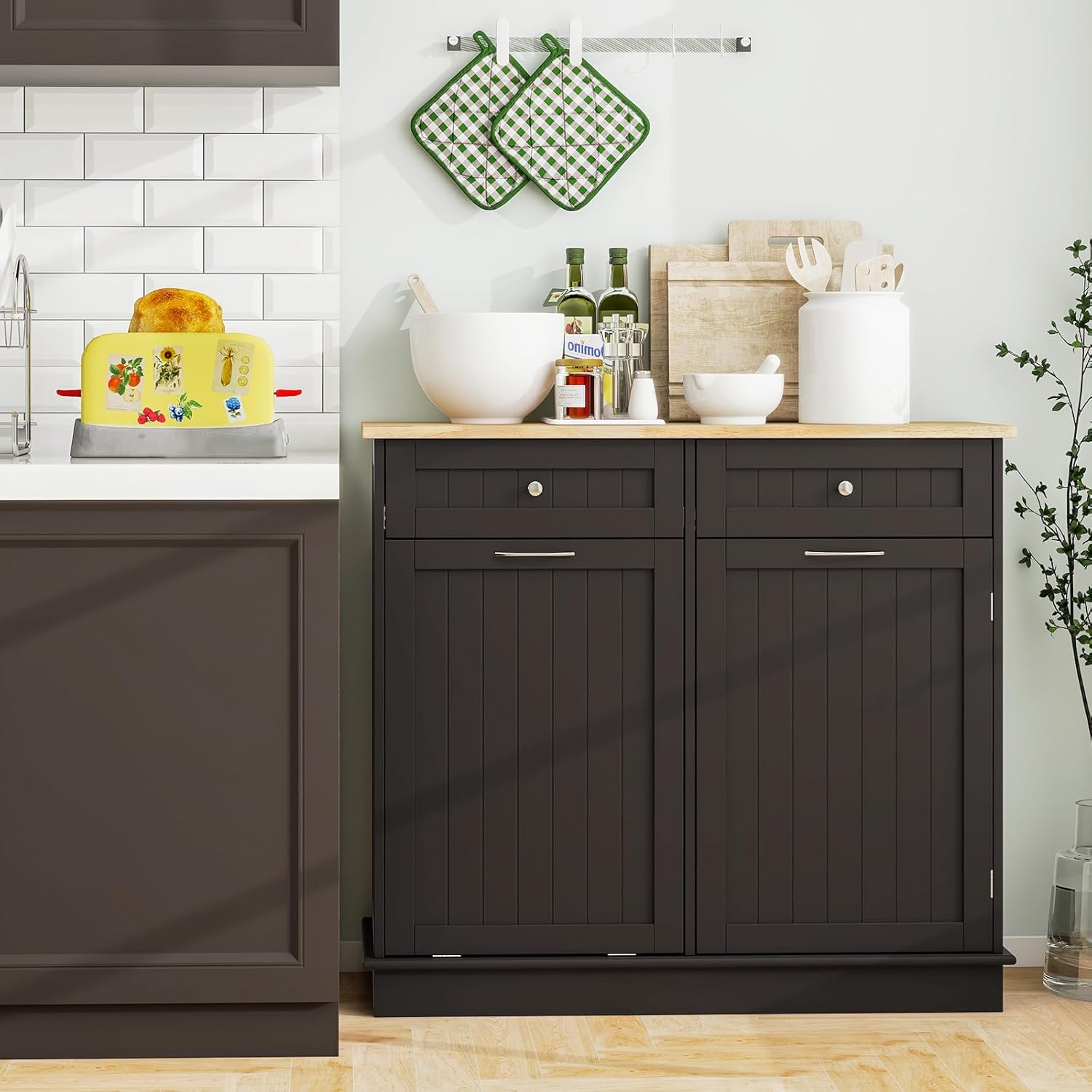 LOKO Kitchen Tilt Out Trash Cabinet, Modern Storage Cabinet with 2 Drawers & Adjustable Shelf, Pet Proof Trash Can Cabinet with Rubber Wood Tabletop, 39.5 x 14 x 35.5 inches (Coffee)