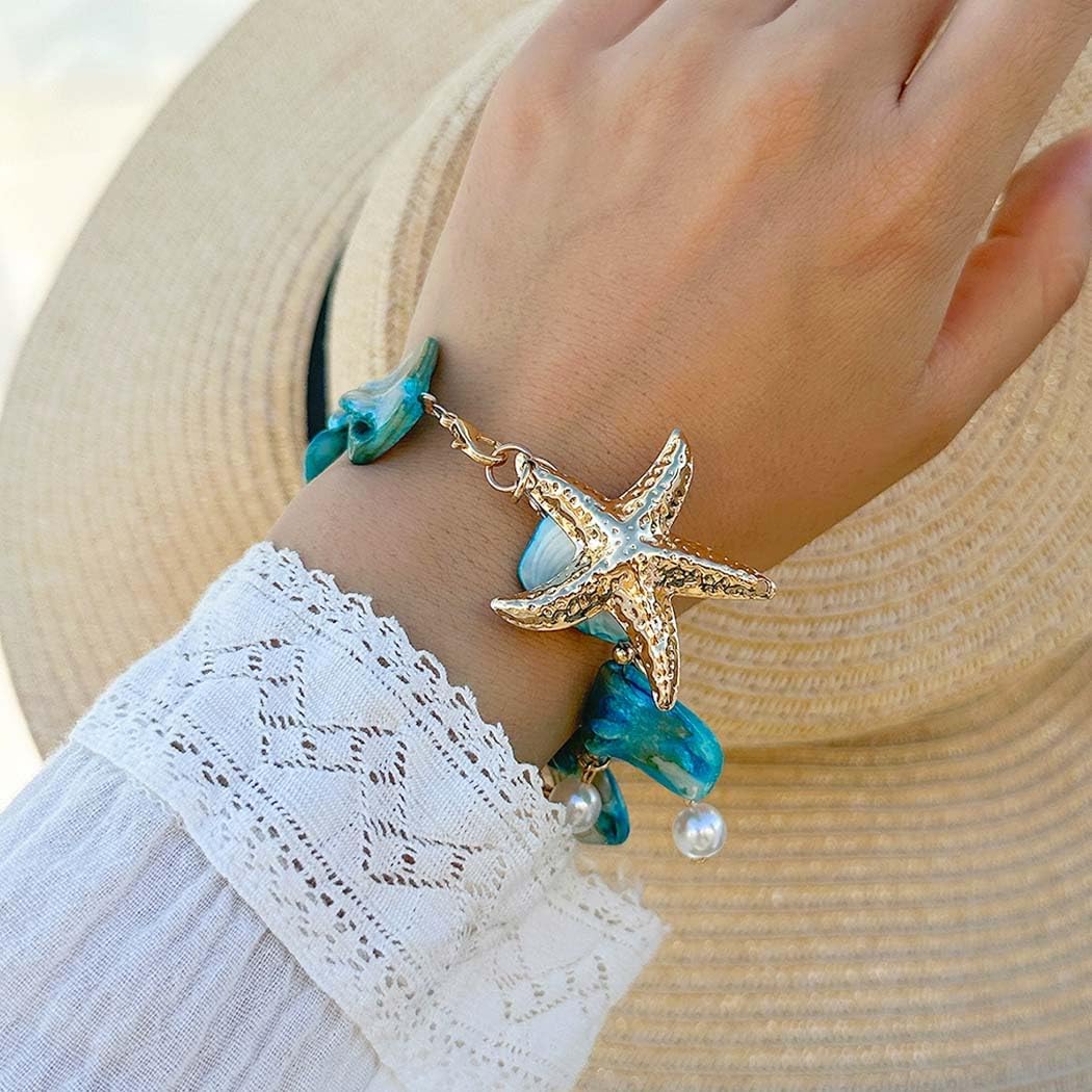 Pearl Shell Bracelets for Women Starfish Pendant Bracelet Boho Summer Bracelet Irregular Sea Shell Bracelets (Blue) - Image 4