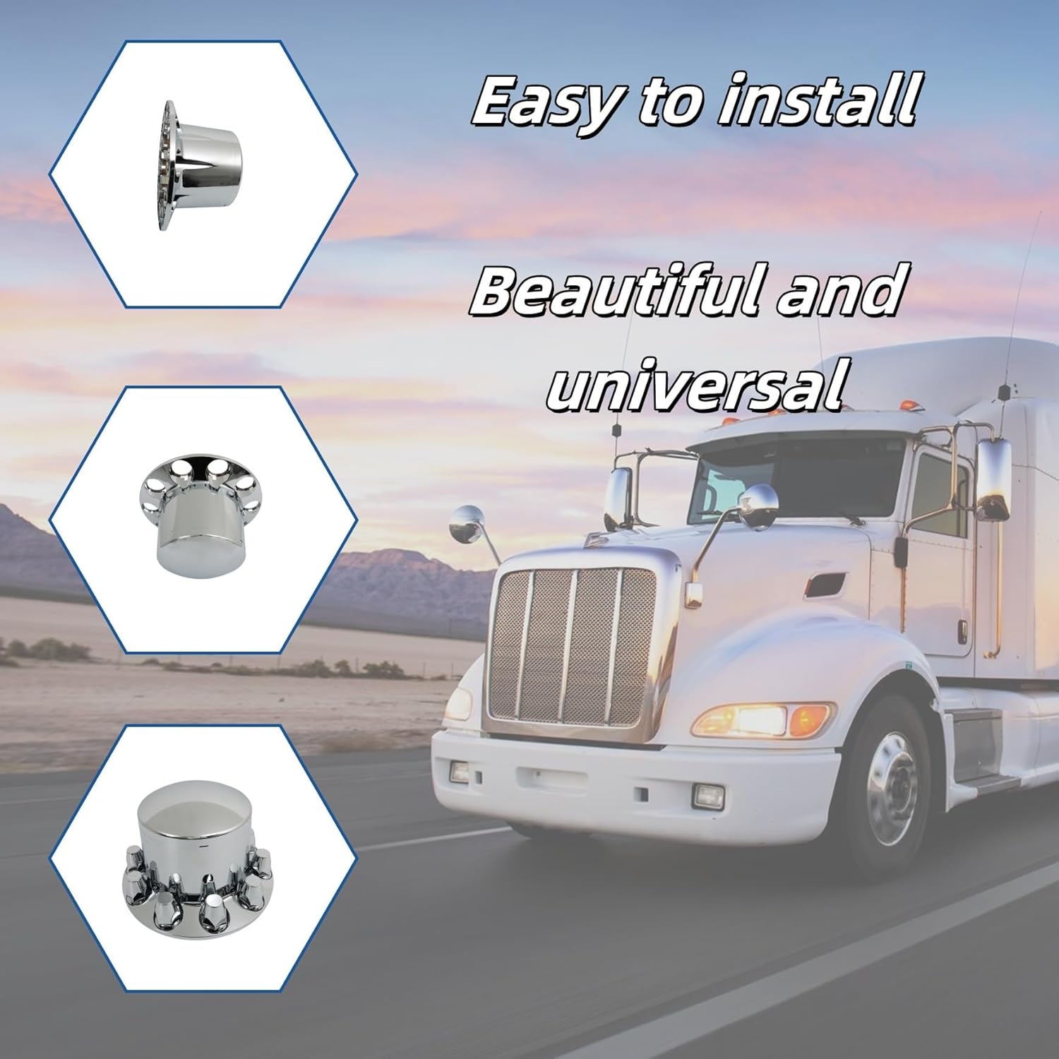 Silscvtt Chrome Semi Truck Hub Cover Wheel Axle Cover Center Caps Complete with 33mm Screw-on Lug Nuts for 22.5 Inches and 24.5 Inches Semi Truck Wheels 4 Rear