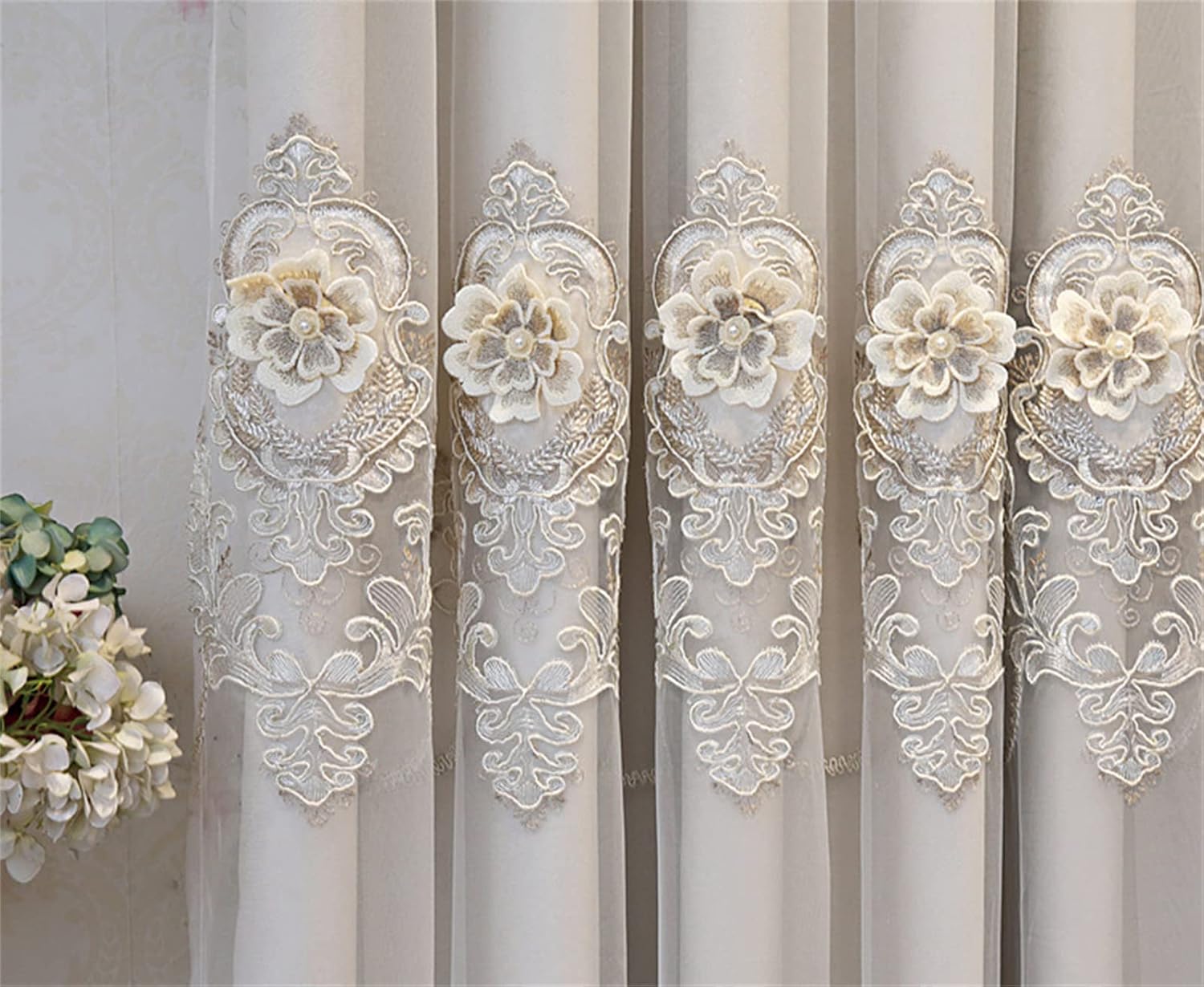 JESSANS Luxury European Curtains for Bedroom Elegant Thermal Insulated Grommet Top Double Living Room Doors Blackout Curtain and Lace Double Layer Flower Embroidered Tulle Sheer (Beige, 54 * 96in)