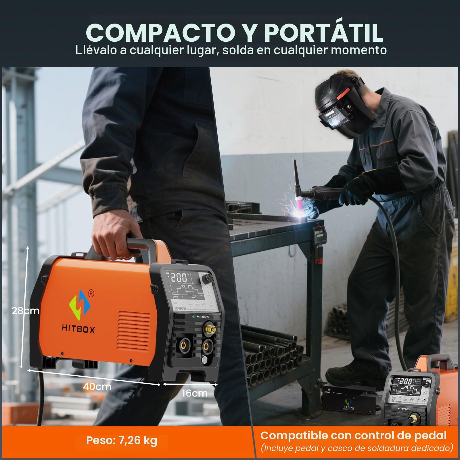 HITBOX Estación de Soldadura TIG 200A 230 V 6 en 1, Arranque HF, MMA/TIG/Pulse/Limpieza TIG/Punto/2T/4T, Con Pedal de Control y Casco de Soldadura (TIG200PRO)