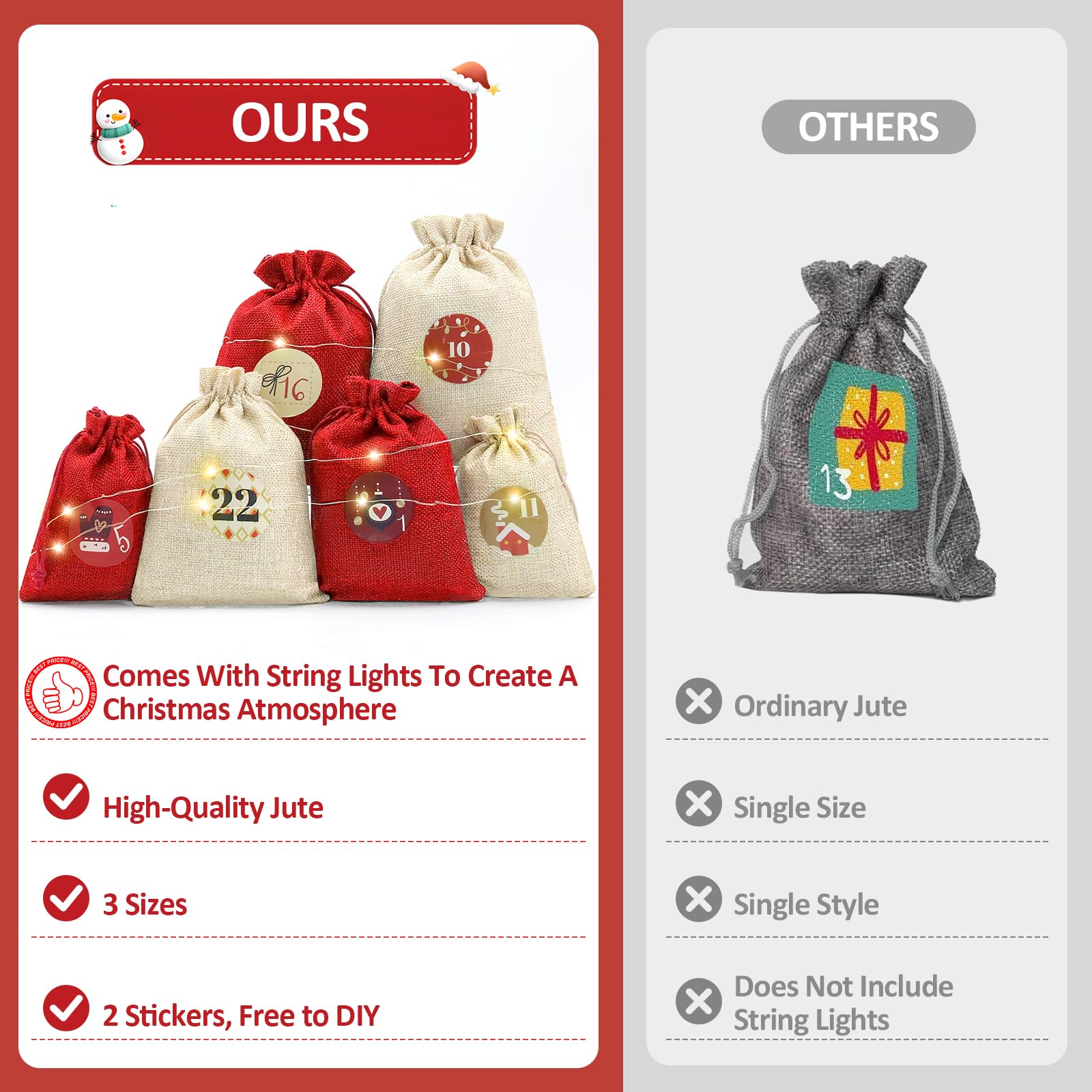 Juego de calendario de Adviento para rellenar, 24 bolsas de tela beige y rojas