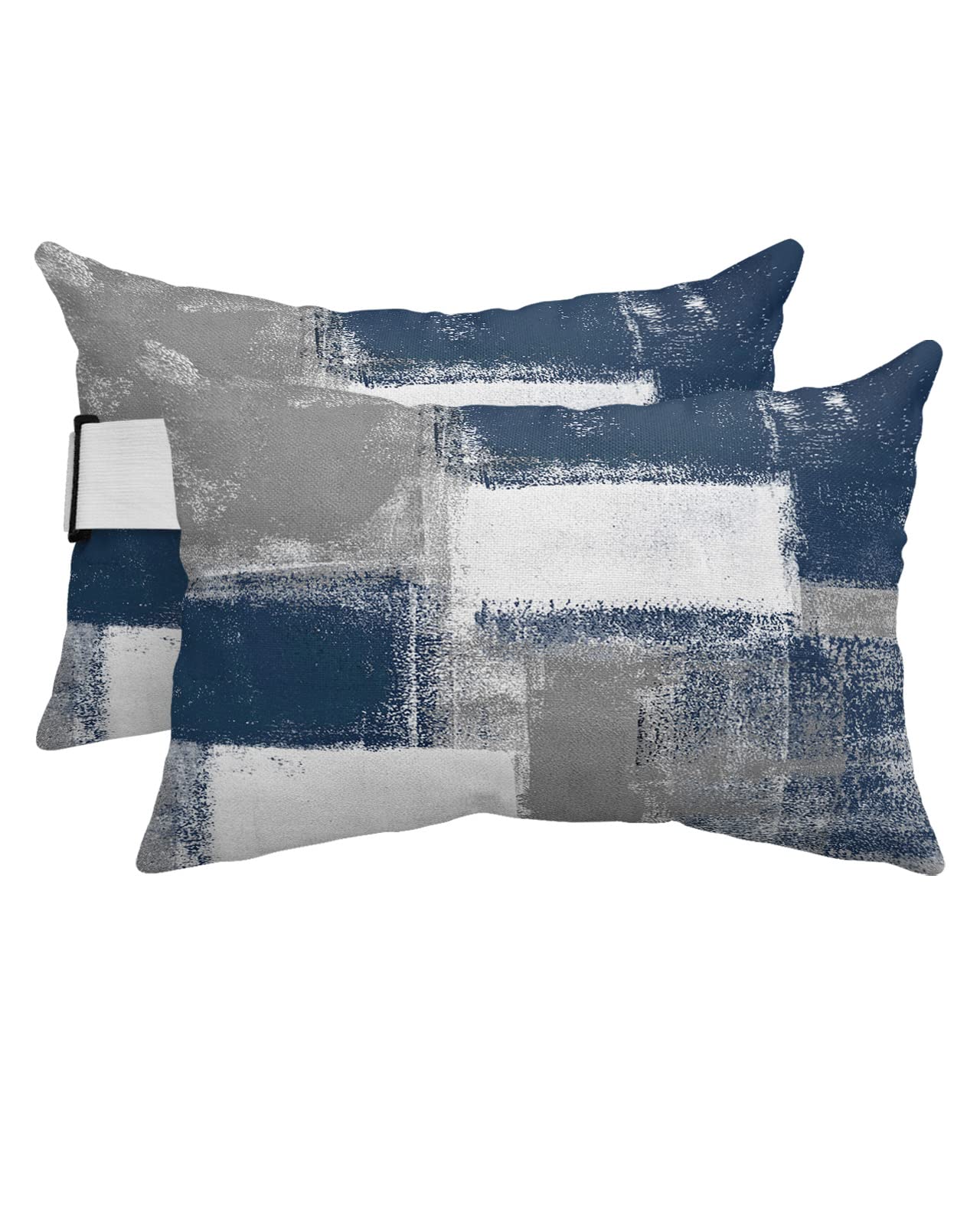 Blue Grey White Outdoor Beach Chair Pillow Headrest for Chaise Lounge Chair, Modern Oil Painting Abstract Recliner Head Pillow Waterproof Pillowcases with Elastic Stripes & Pillow Inserts 11x16(2 PCS)