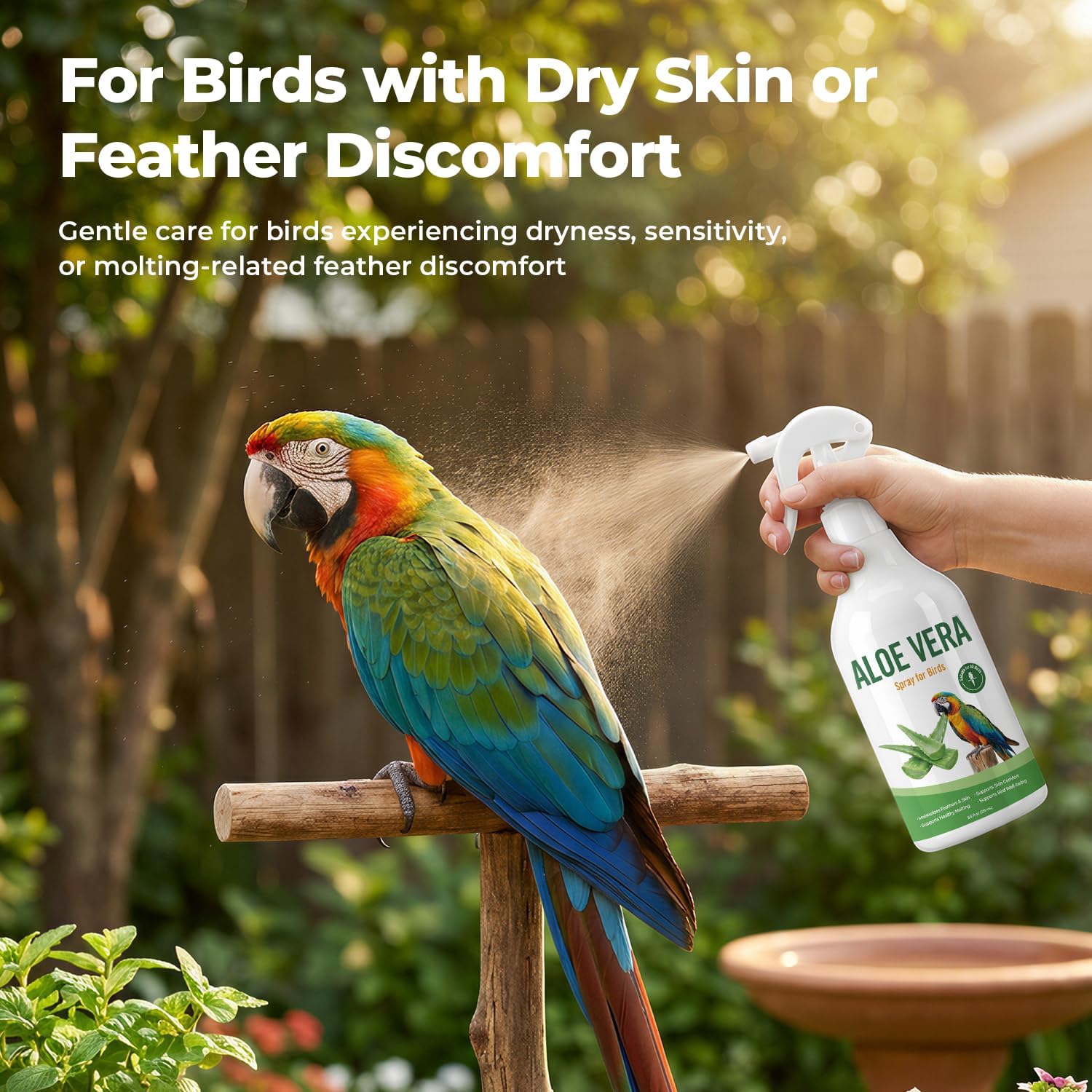 Aloe Vera Spray Bird, Bird Bath Mist for Parrots, Cockatiels, Conures & Finches, Helps Ease Dry Itchy Skin, Moisturizes Feathers, Supports Molting Comfort, Odor-Free, 8.5 fl oz (251 mL)