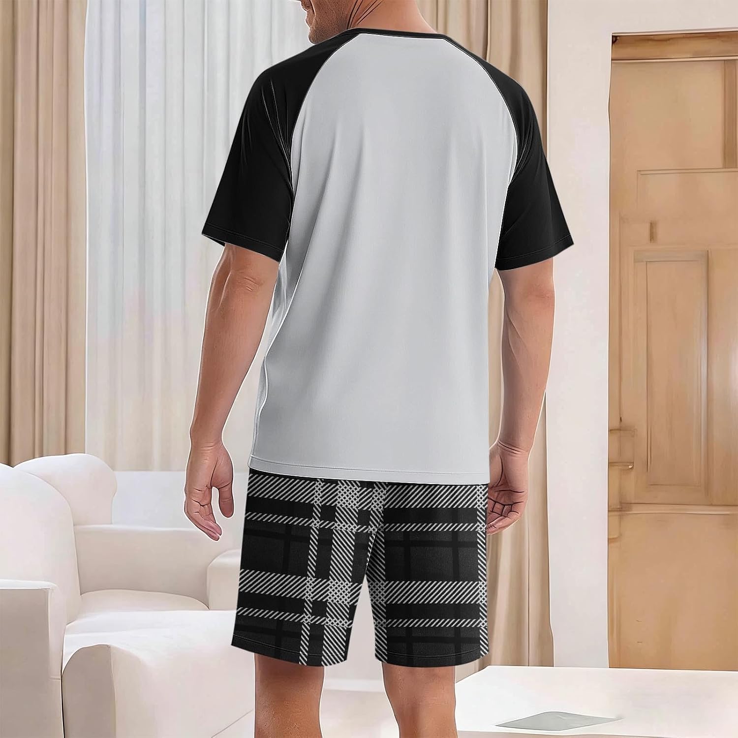 Cambkatl 2 Piece Outfits for Men Color Block Loose Raglan Pullovers with Plaid Shorts Summer Loungewear Sets with Pockets