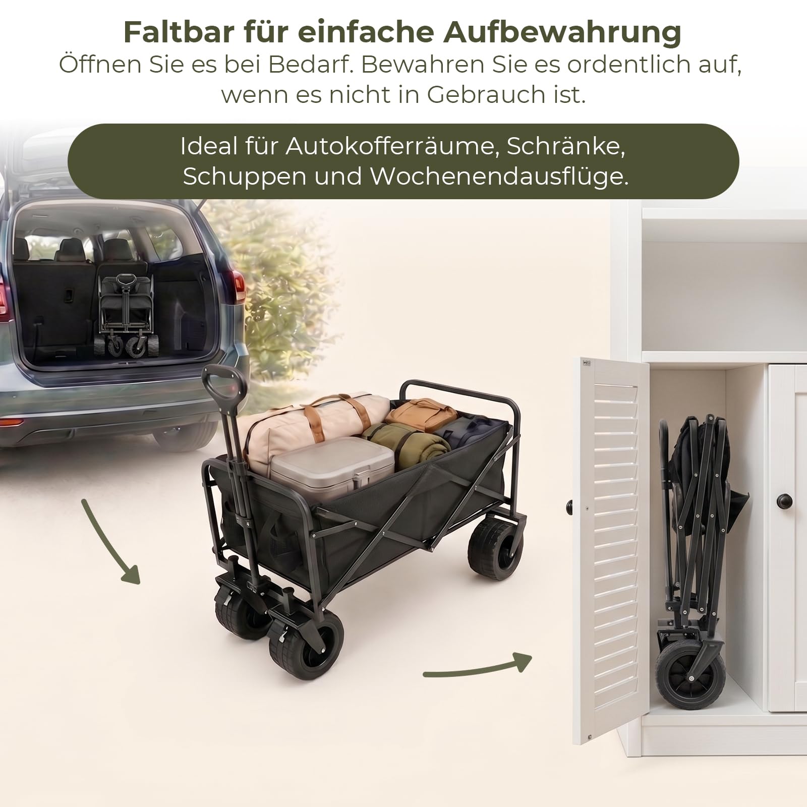 Bollerwagen Faltbar 200L 160KG 84x48x100cm Breite Reifen 360° All-Terrain-Rädern Handwagen