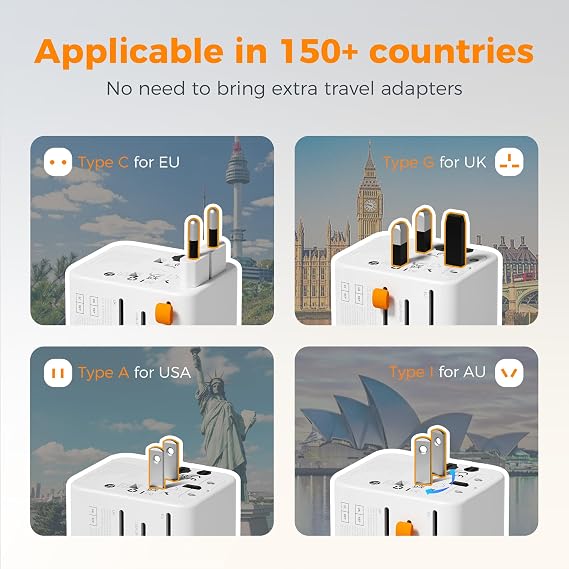 TESSAN Universal travel adapter, Travel Plug Adapter Worldwide with 1 Universal AC Outlet 5 USB Ports (3 USB C), International Plug Adaptor for UK to Europe USA Australia Ireland (Type C G A I)