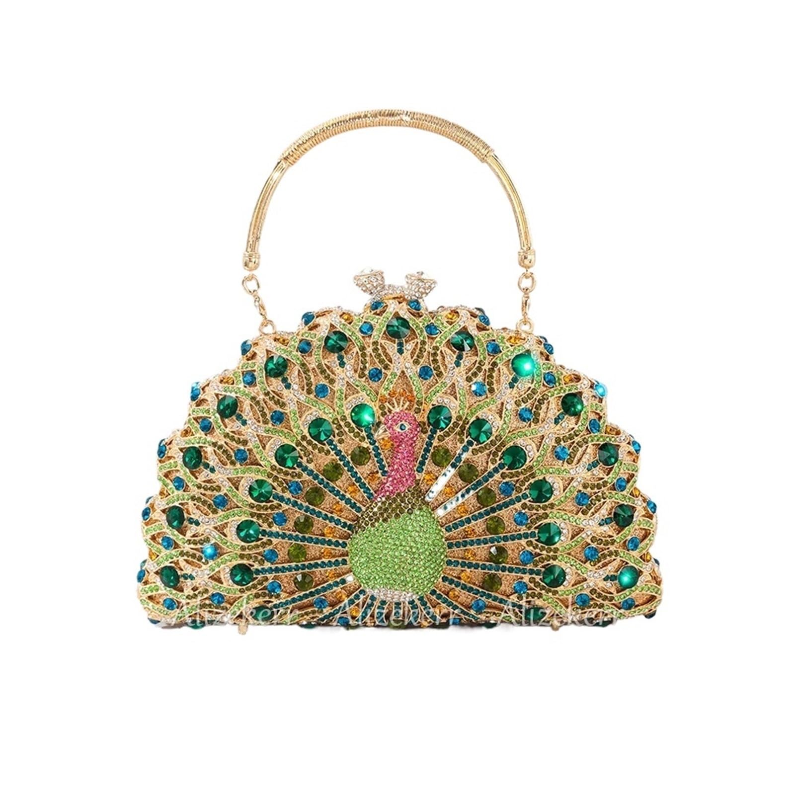 Gorgeous Peacock Crystal Evening Bags Women Sparkling Classy Half Round Diamond Purses And Handbags Wedding Party, Multicolour, L22xW5.5xH13.5cm
