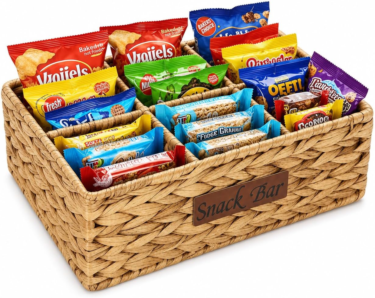 Snack Bar Station for Countertop,Hand-Woven Pantry Organizers and Storage Bins with 6 Compartments,Snack Basket for Counter,Wicker Snacks Display Box for Candy, Chips, Drink Packets and Tea