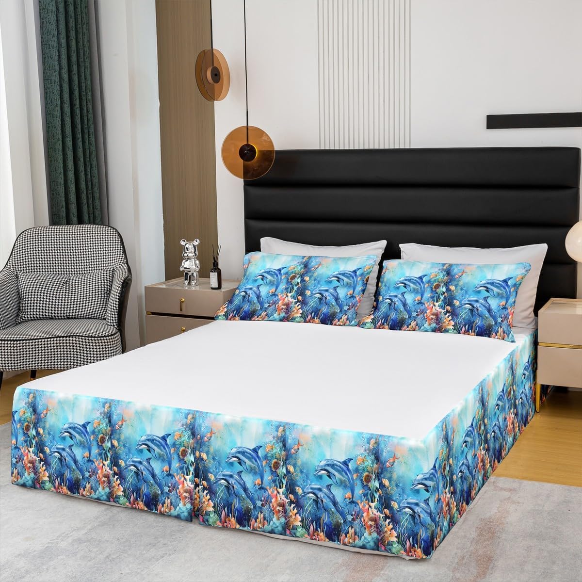 Feelyou Dolphin Bed Wrap Sheet Set Queen Size, Ocean Dolphin Bed Skirt for Boys Girls Sea Animal Bedskirt Ocean Coastal Dust Ruffle Pleated Bedskirt with Split Corners