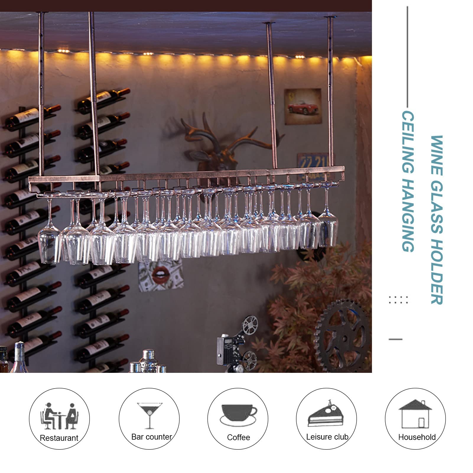 Portabottiglie da vino da appendere – Portabottiglie in metallo con supporti per bicchieri, mensola da soffitto per cucina, bar e sotto armadietto, elegante organizer per calici
