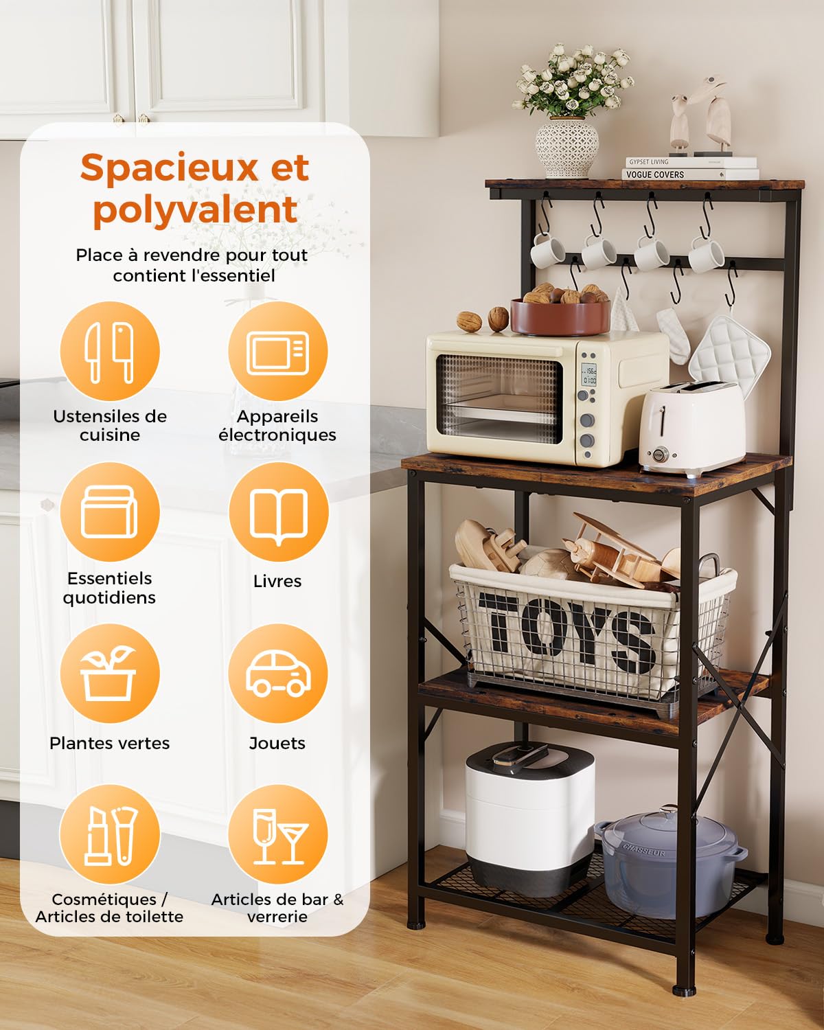 COMHOMA Étagère de Cuisine, Etagere Rangement pour Machine à Café, Étagère de Boulanger, 3 Étagères et 8 Crochets, pour Four à Micro-Ondes, Réglables, Cadre en métal, 55x37x126cm, Marron Rustique