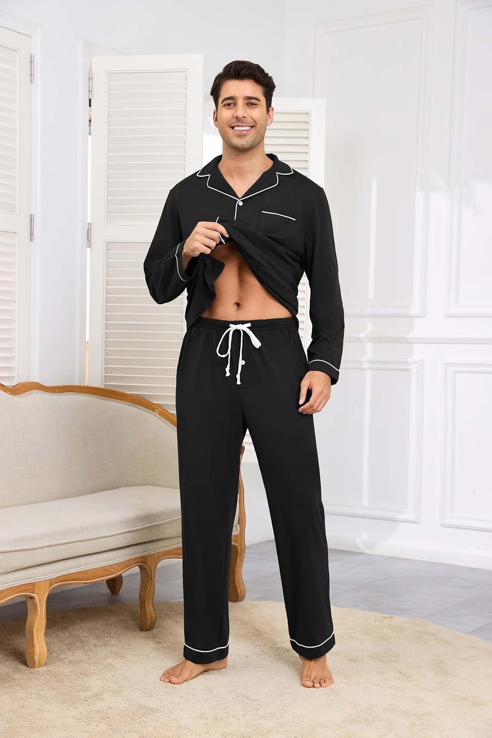 Veseacky Mens 100% Cotton Pajamas Set Long Sleeve Sleepwear Button Down Pjs Loungewear with Pockets - Image 3
