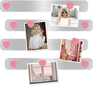 Magnetic Board Strips - 4Pcs Stainless Iron Magnetic Strips with Adhesive Backing & 10 Pink Heart Magnets, Frameless Small Bulletin Board for Wall, DIY Memo Board for Home Kitchen School Office