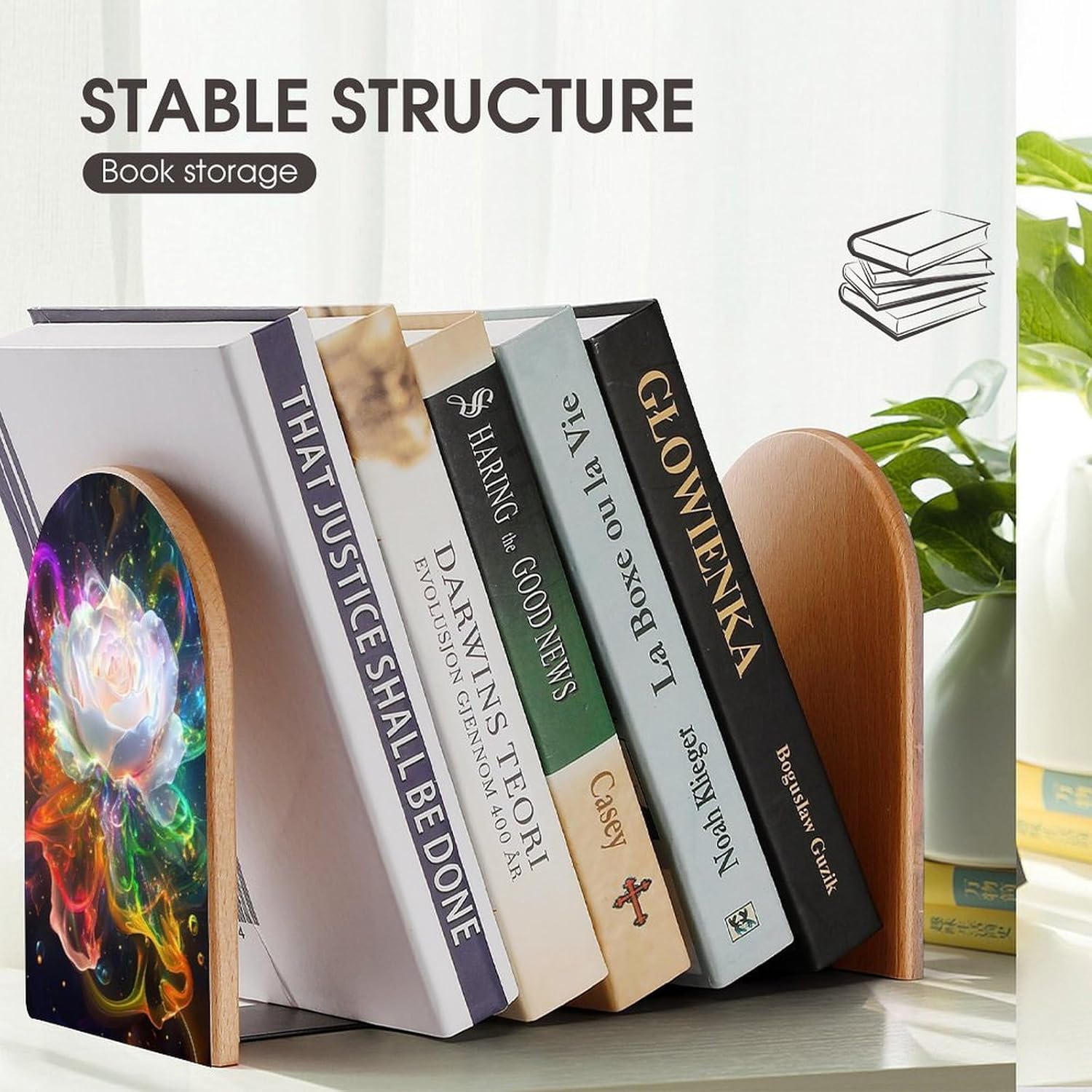 White Rose with Rainbow Colored Petals Cute Wood Book Ends Decorative Bookends 1 Pair Non-Skid for Shelves Home Office 7 X 5 Inch