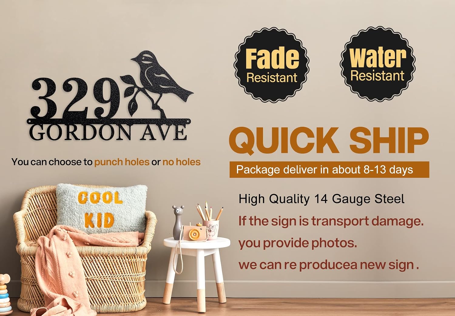 Modern Personalized Metal Address Sign - Custom Bird House Number Plaque, Outdoor Wall Mounted Housewarming Gift