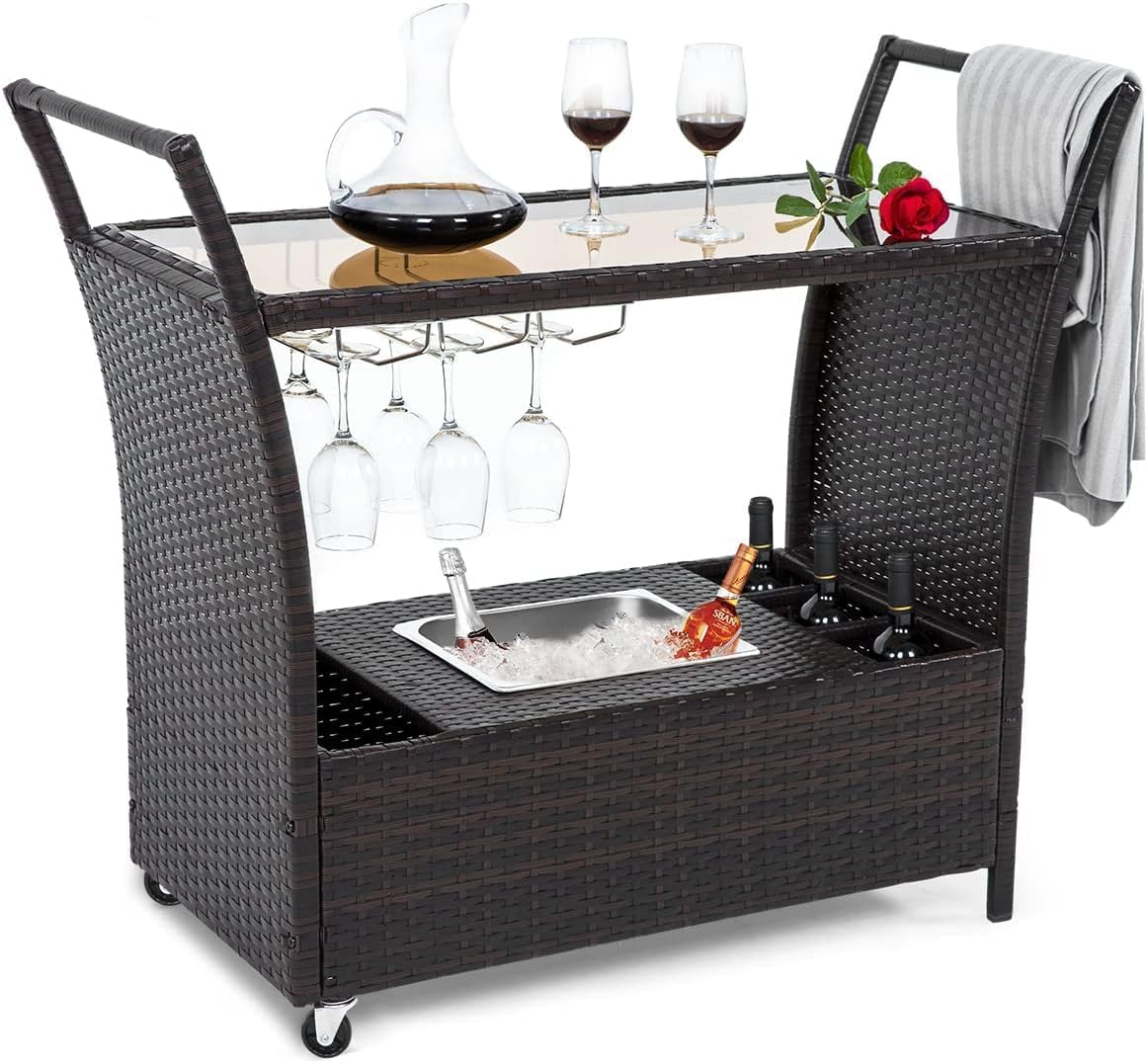 Seogwisam Outdoor Rolling Wicker Bar Cart,Rattan Serving