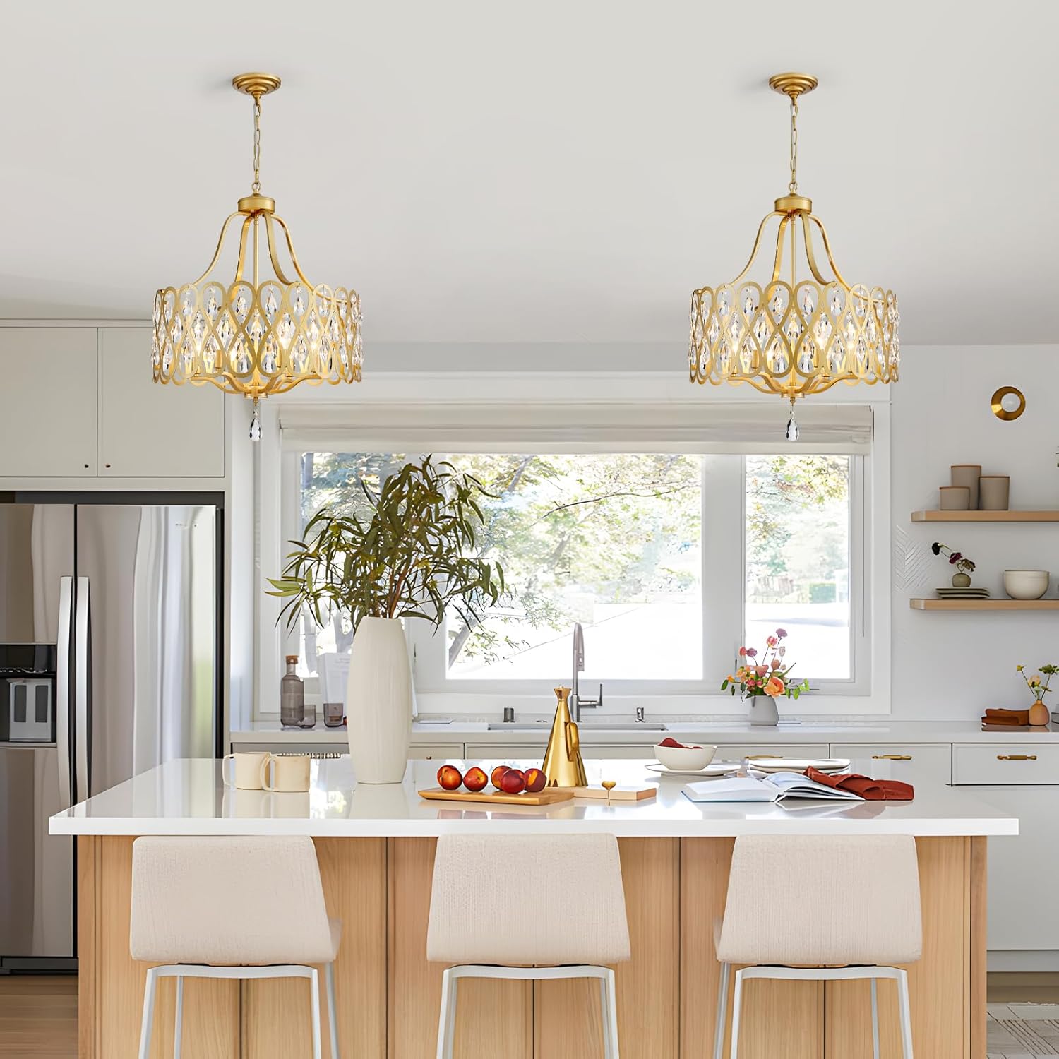 21.7" Crystal Chandeliers for Dining Room,Gold 5 Lights Hanging Pendant Lighting Fixture Metal Farmhouse Chandelier for Kitchen Island Entryway Living Room