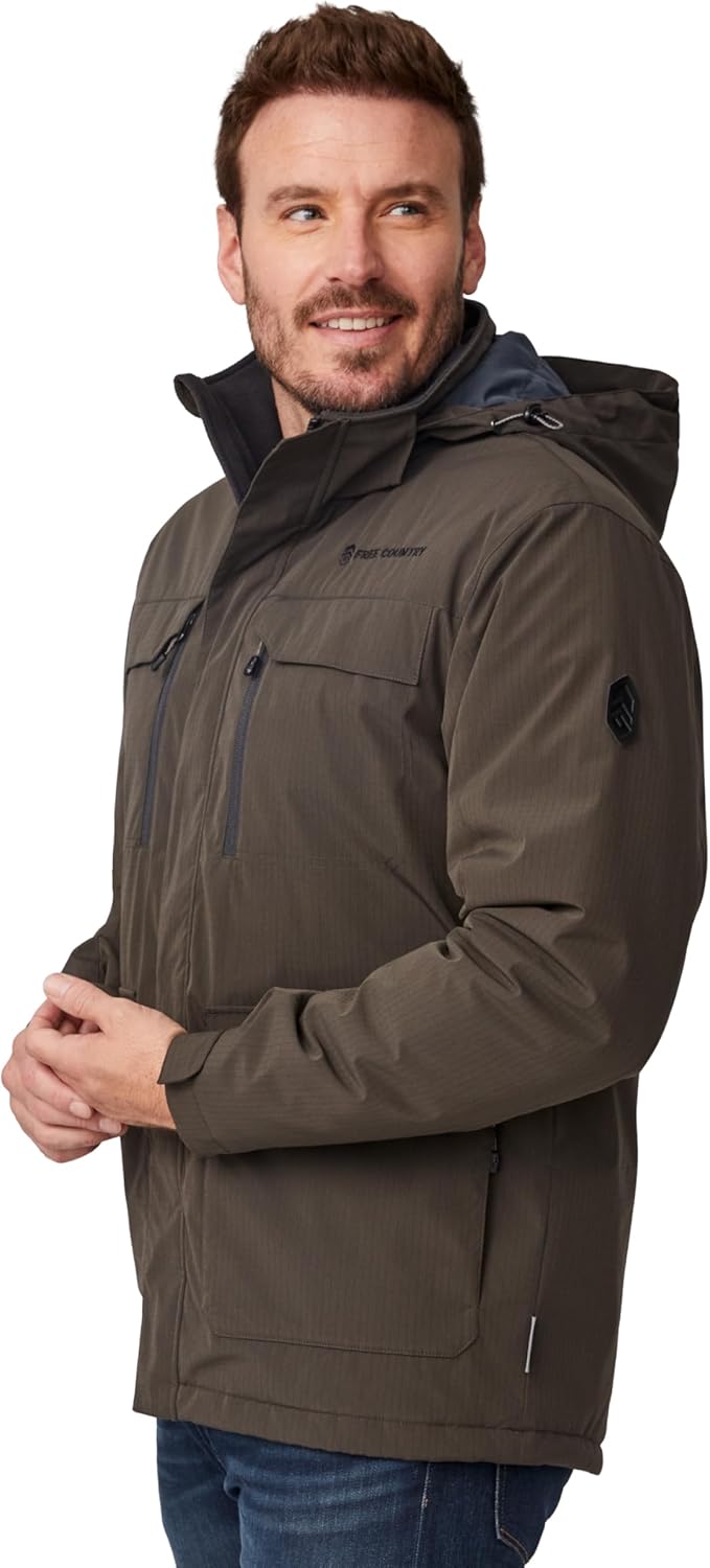 Free Country Men’s Winter Jacket Insulated Water & Wind Resistant Outdoor Coat Detachable Hood Zip Pockets Workwear-Fieldsman