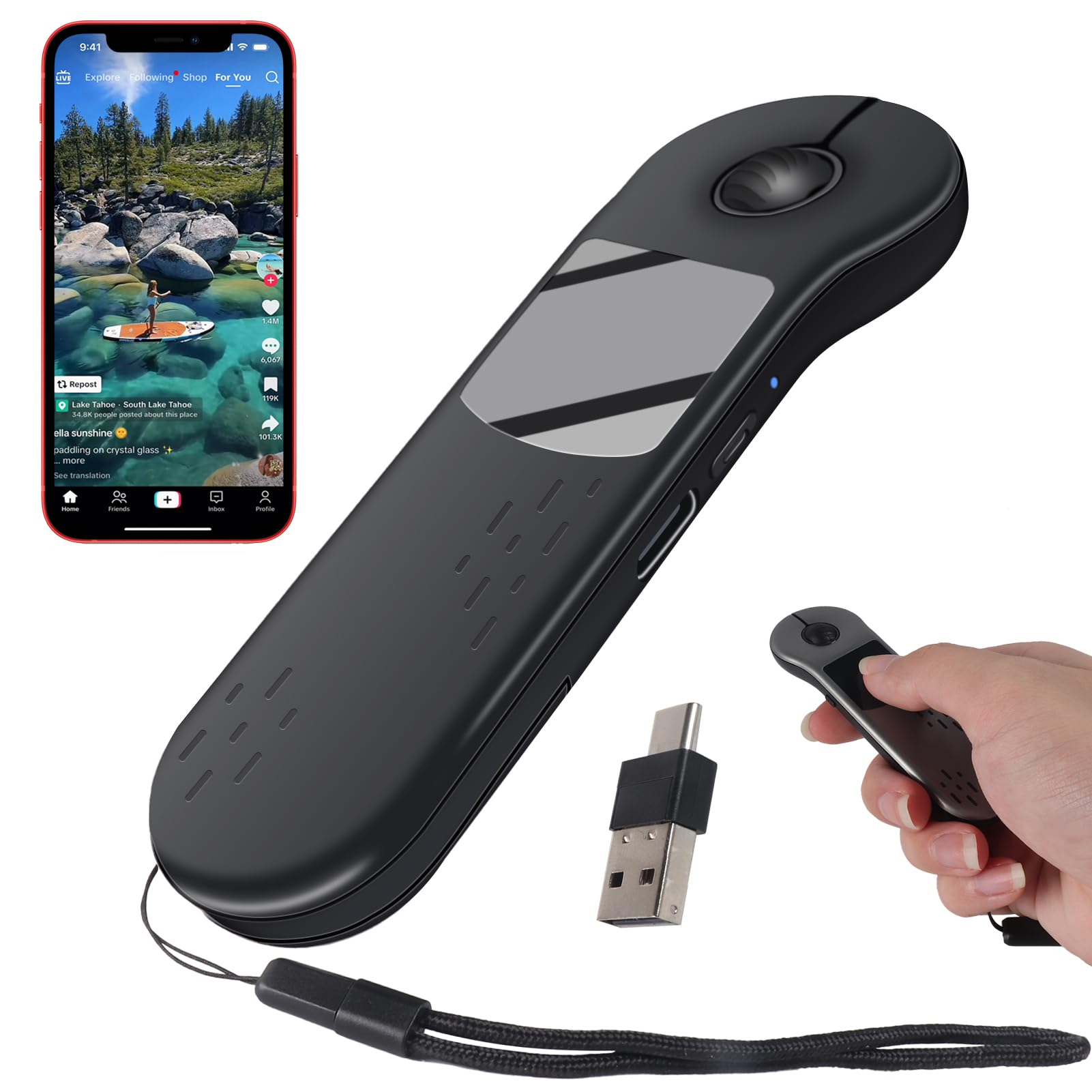 Scrolling with Touchpad for Tiktok, 4in1 3-Mode Portable Handheld Bluetooth5.3+2.4G+USB-C Mini Wireless Mouse with Remote Control,Air Finger Scroller Page Controller for Phone/i-Pad/Mac/PC/App/Camera