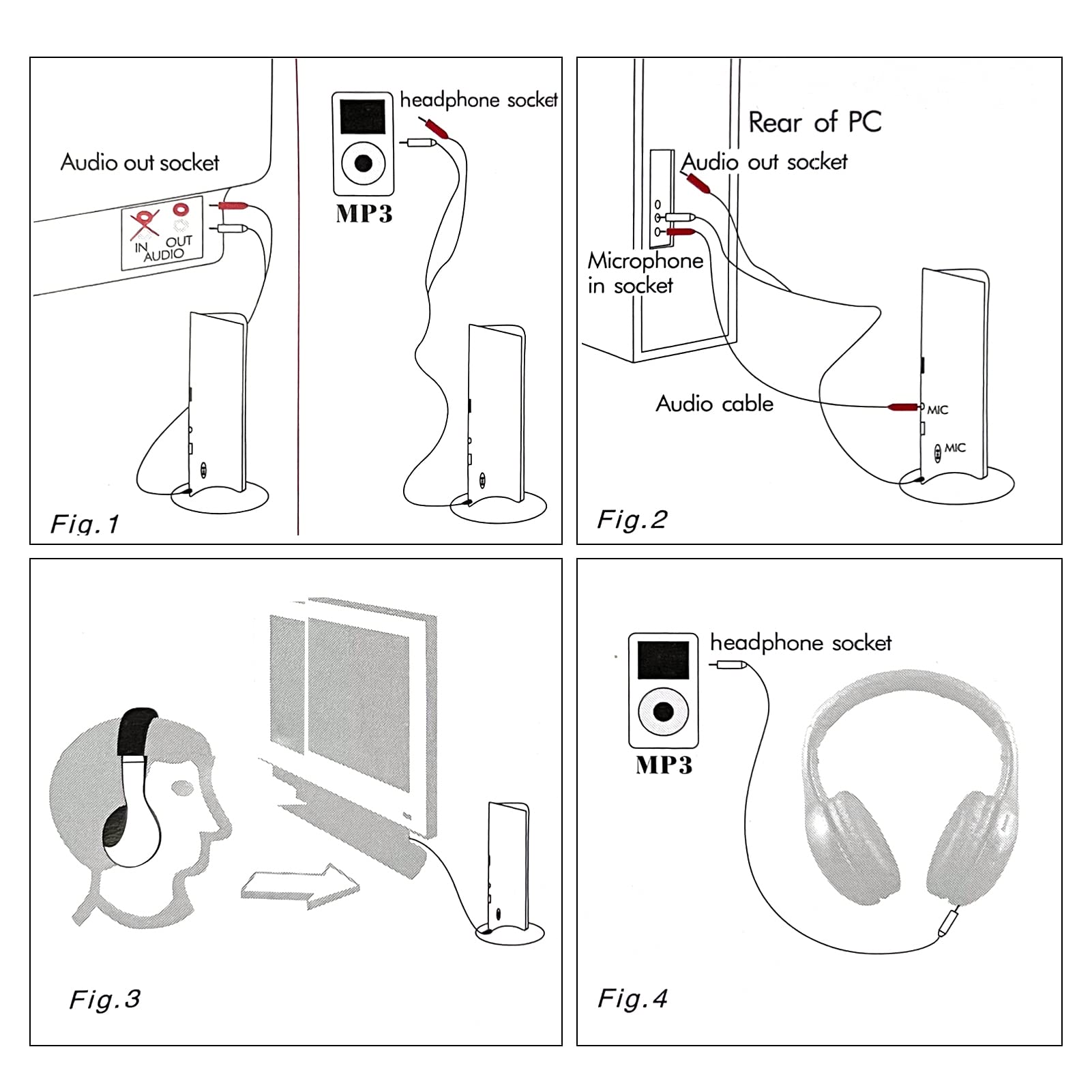 Karlak Casque sans fil multifonctionnel 5 en 1 FM Hi-Fi sans fil Ensemble émetteur et récepteur radio FM, ordinateur, moniteur de télévision, casque filaire avec microphone pour l'écoute de la