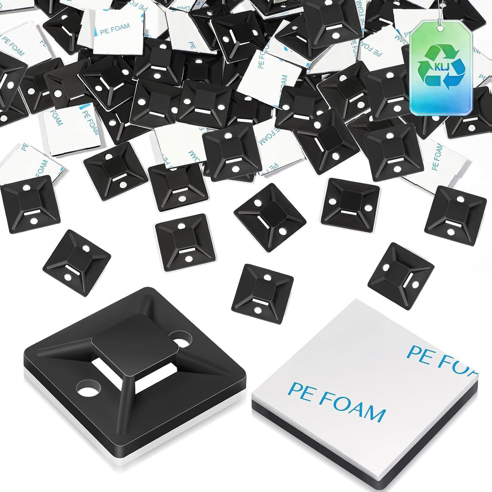 KLJ klebesockel für kabelbinder Schwarz 100 Pack 20 X 20 mm, für Heim Büro Industriell