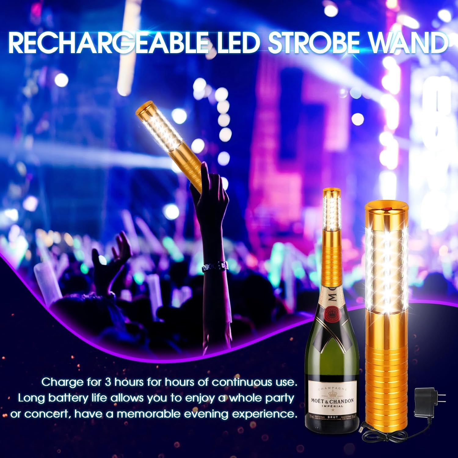 4 Pieces LED Strobe Baton Light Bottle Service Lights Bright Rechargeable Champagne Bottle Handheld Light Topper for Bar Nightclub Wedding Party Concert （Gold）
