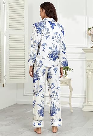 Womens Silky Pajamas Floral Satin Long Sleeve Button Up Pajama Set