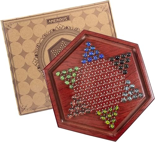 Miniatura 6 de AMEROUS Juego de mesa de damas chinas de madera de 13.6 pulgadas con 60 canicas de vidrio coloridas, juego de estrategia clásico para niños,