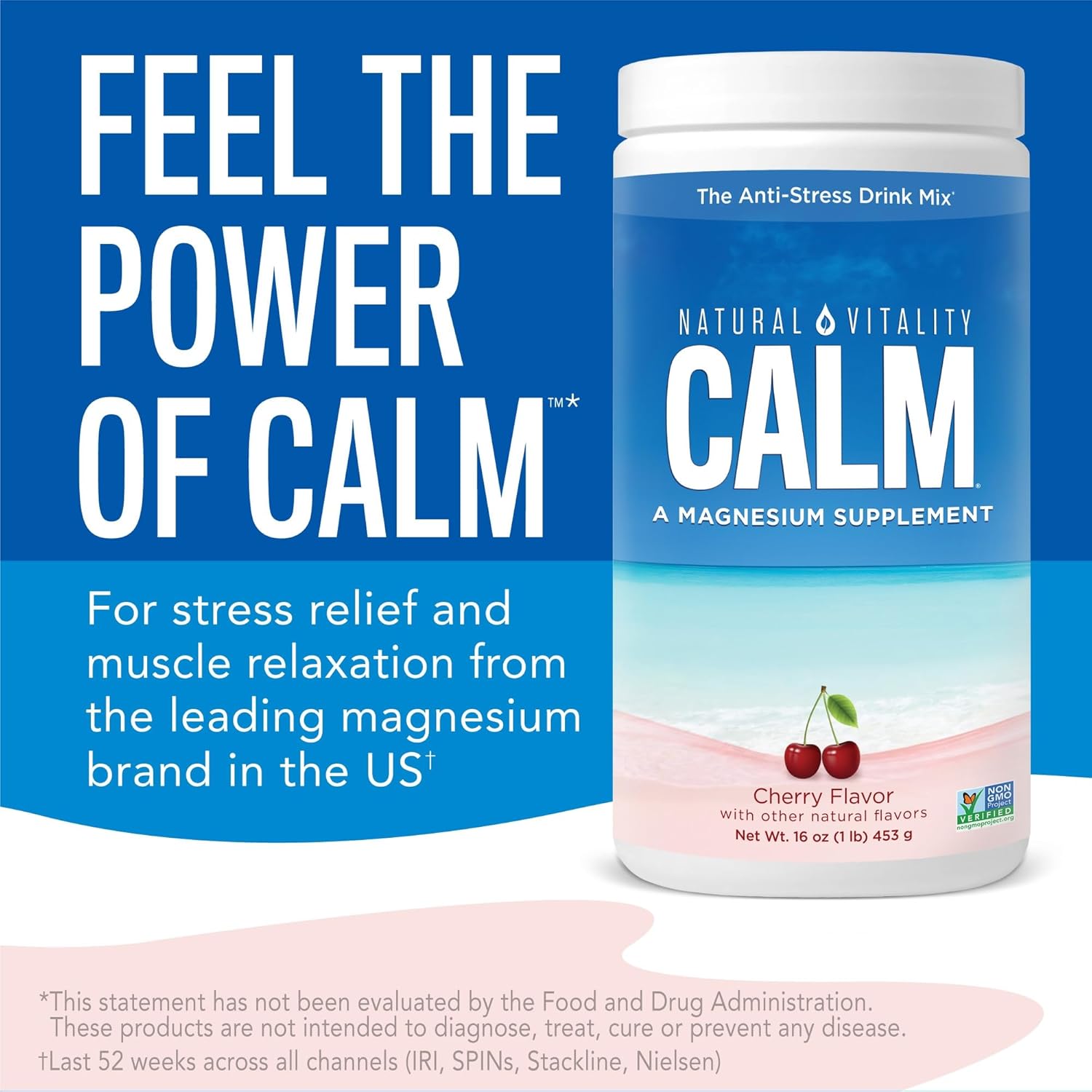 Natural Vitality Calm, Magnesium Supplement, Anti-Stress Drink Mix Powder, Gluten Free, Vegan, & Non-GMO, Cherry, 8 oz