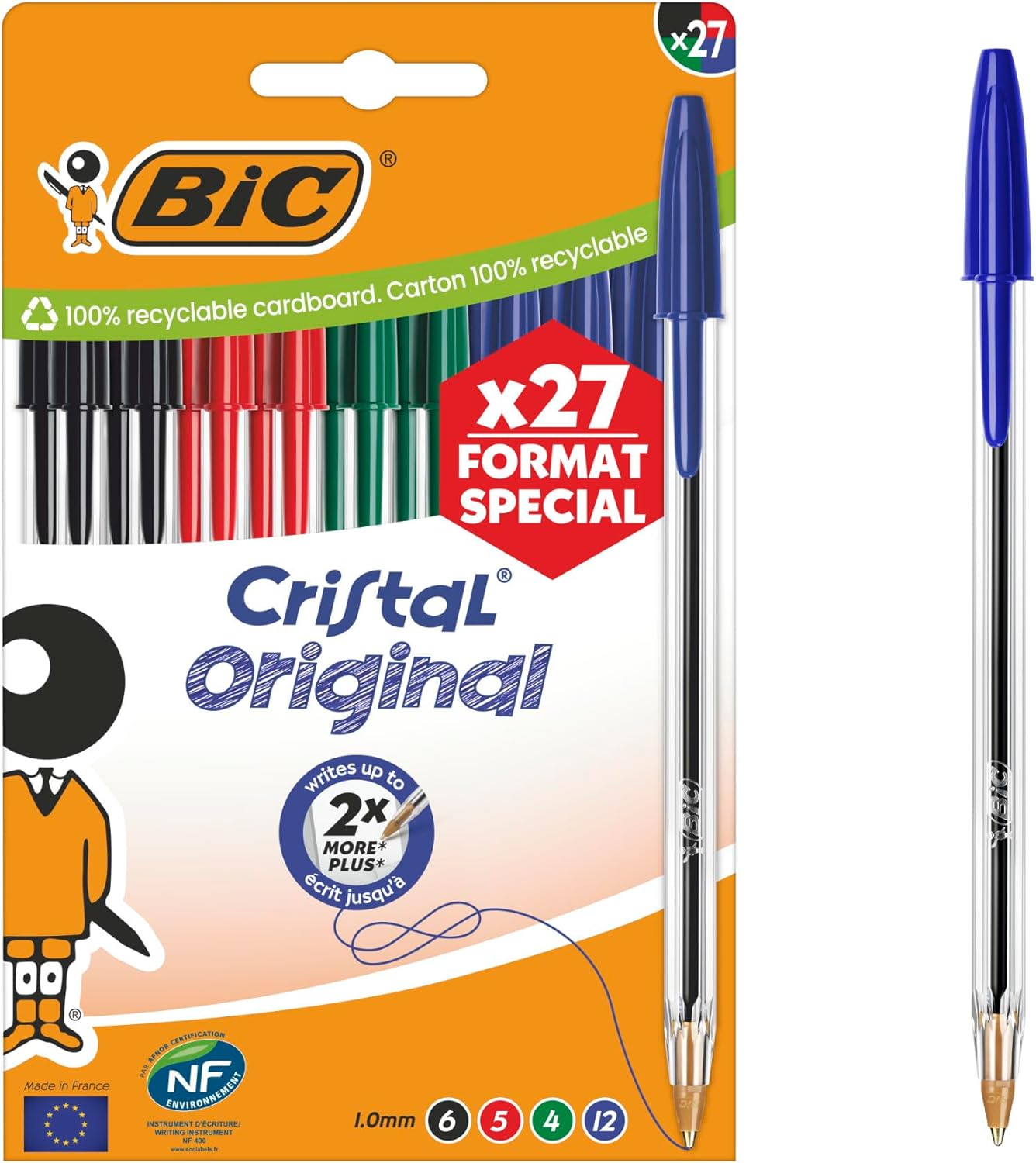 BIC Cristal Original Ballpoint Pen Medium Point (1.00mm) Assorted Ink (Pack of 27)