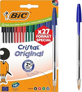 BIC Cristal Original-Kugelschreiber mit mittlerer Spitze (1,00 mm), verschiedene Tintenfarben, 27 Stück
