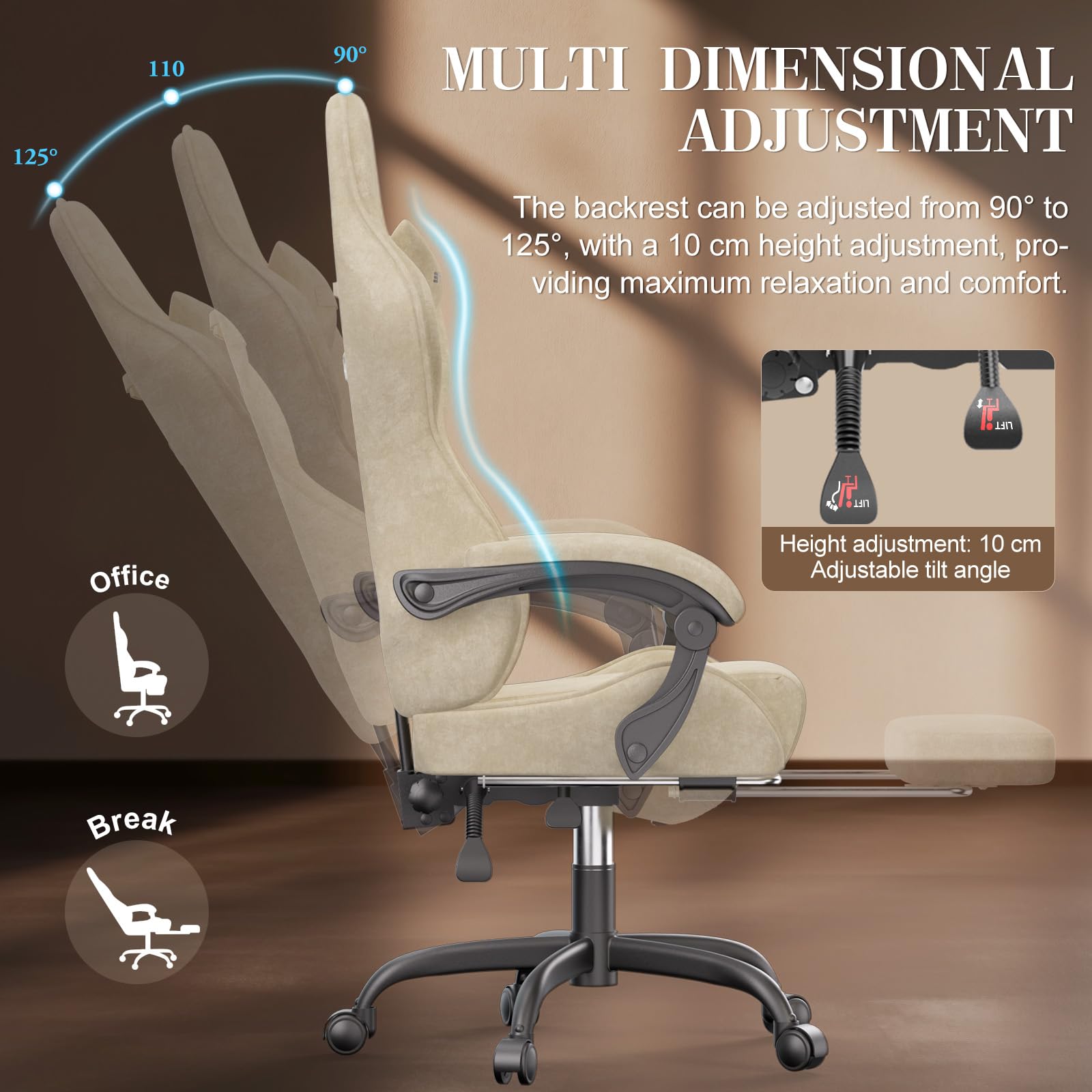 Verdego Silla Gaming con Masaje Lumbar y Reposapiés, Silla Gamer Ergonómica, Tela de Terciopelo, Reclinable 90-125°, Altura Ajustable 10cm, Giratoria 360°, Cadeira Gaming Oficina y Juegos (Beige)