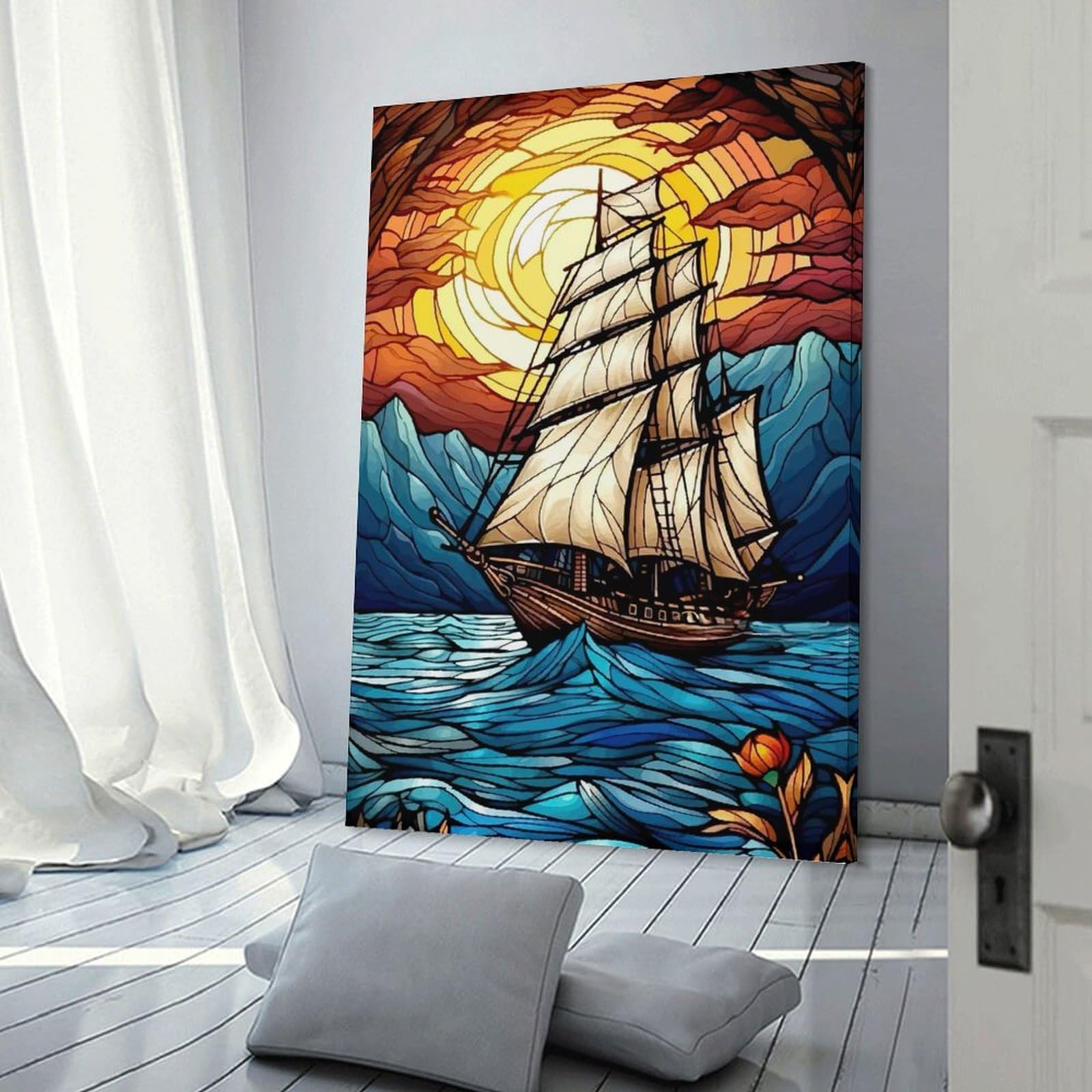 Junmoney Frame-Style-16 Stained Glass Sailboat At Sunset Home Decor Wall Art, 08X12inch(20X30cm), For Wall Displays, Bedrooms Or Room Updates, Ideal For Building A Coordinated Art Wall