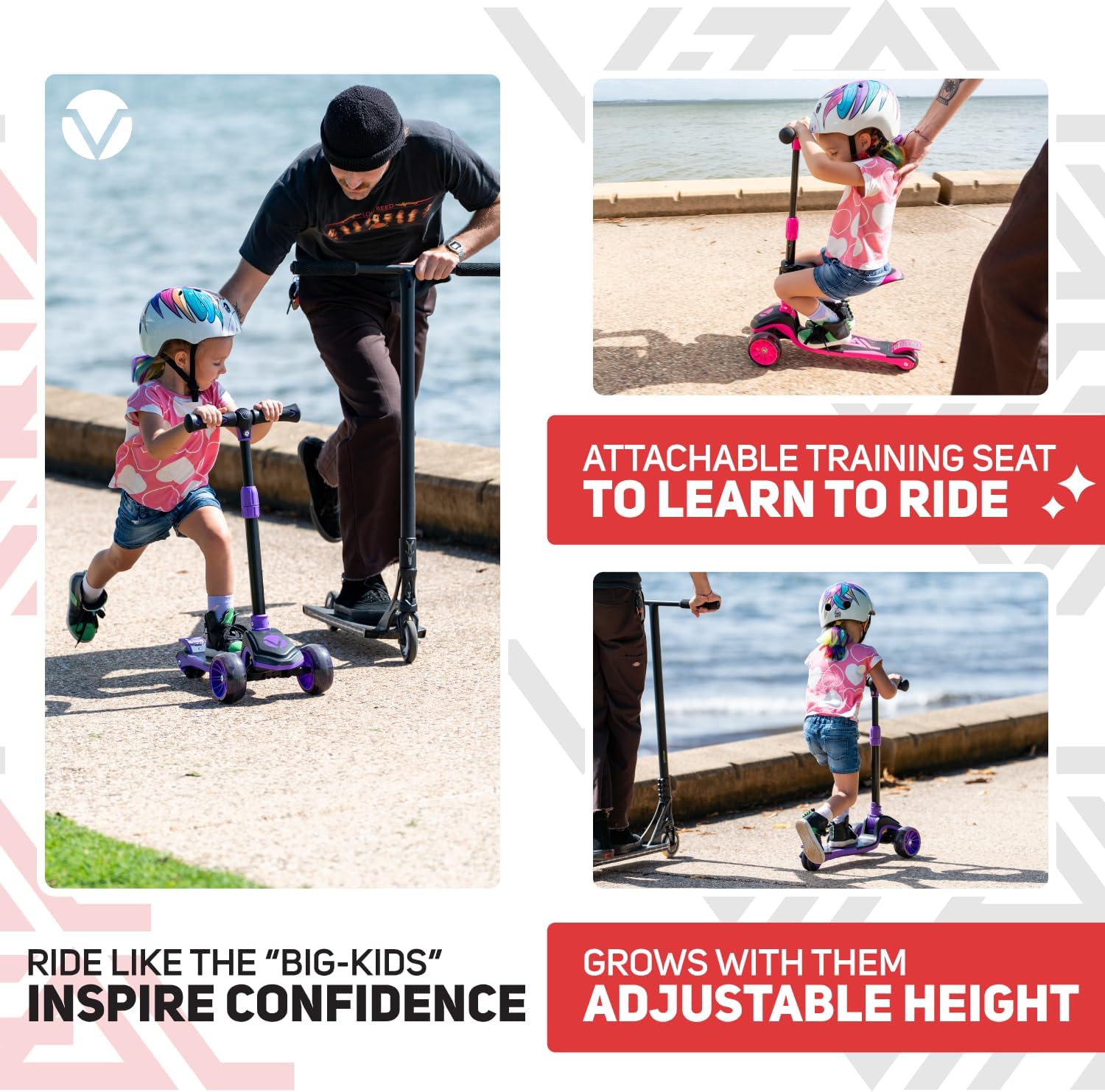 Vital Tyke 3 Wheel Kids Scooter | LED Light-up Wheels, Foldable, Tool-Free Adjustable Handlebar & Removable Seat, for Ages 3-8