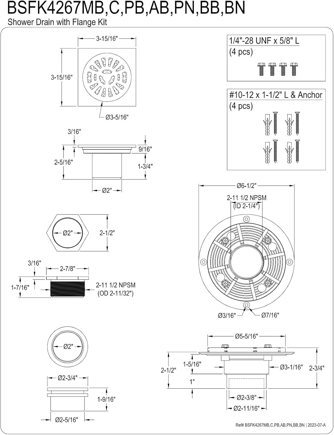 Kingston Brass BSFK4267AB Watercourse 4" Square Brass Shower Drain, Antique Brass