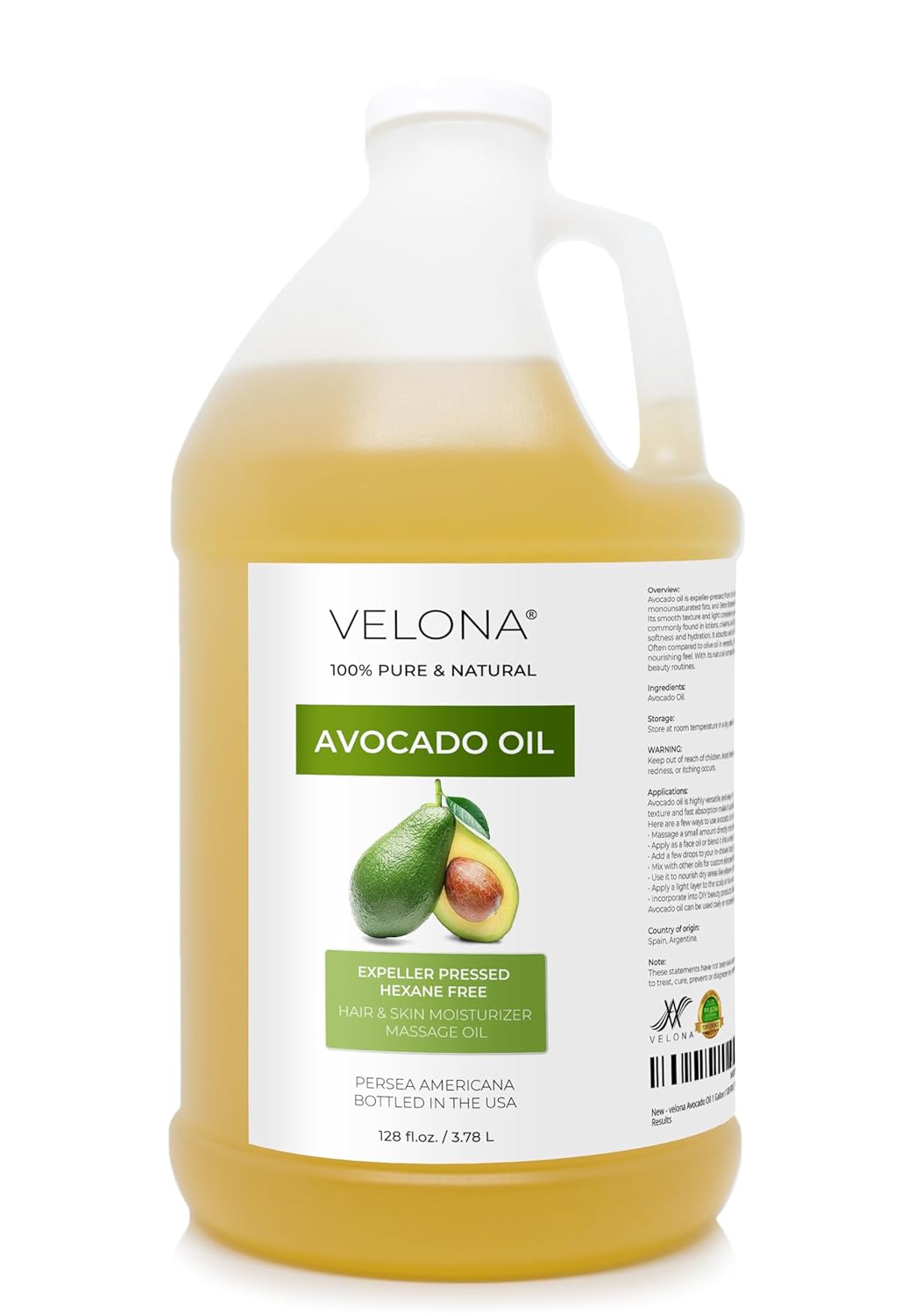 velona Avocado Oil 1 Gallon / 128 Fl Oz | 100% Pure and Natural Carrier Oil | Expeller-Pressed | Hair, Body and Skin Care | Use Today - Enjoy Results